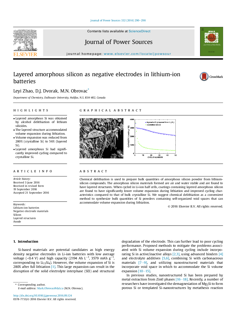 Layered amorphous silicon as negative electrodes in lithium-ion batteries