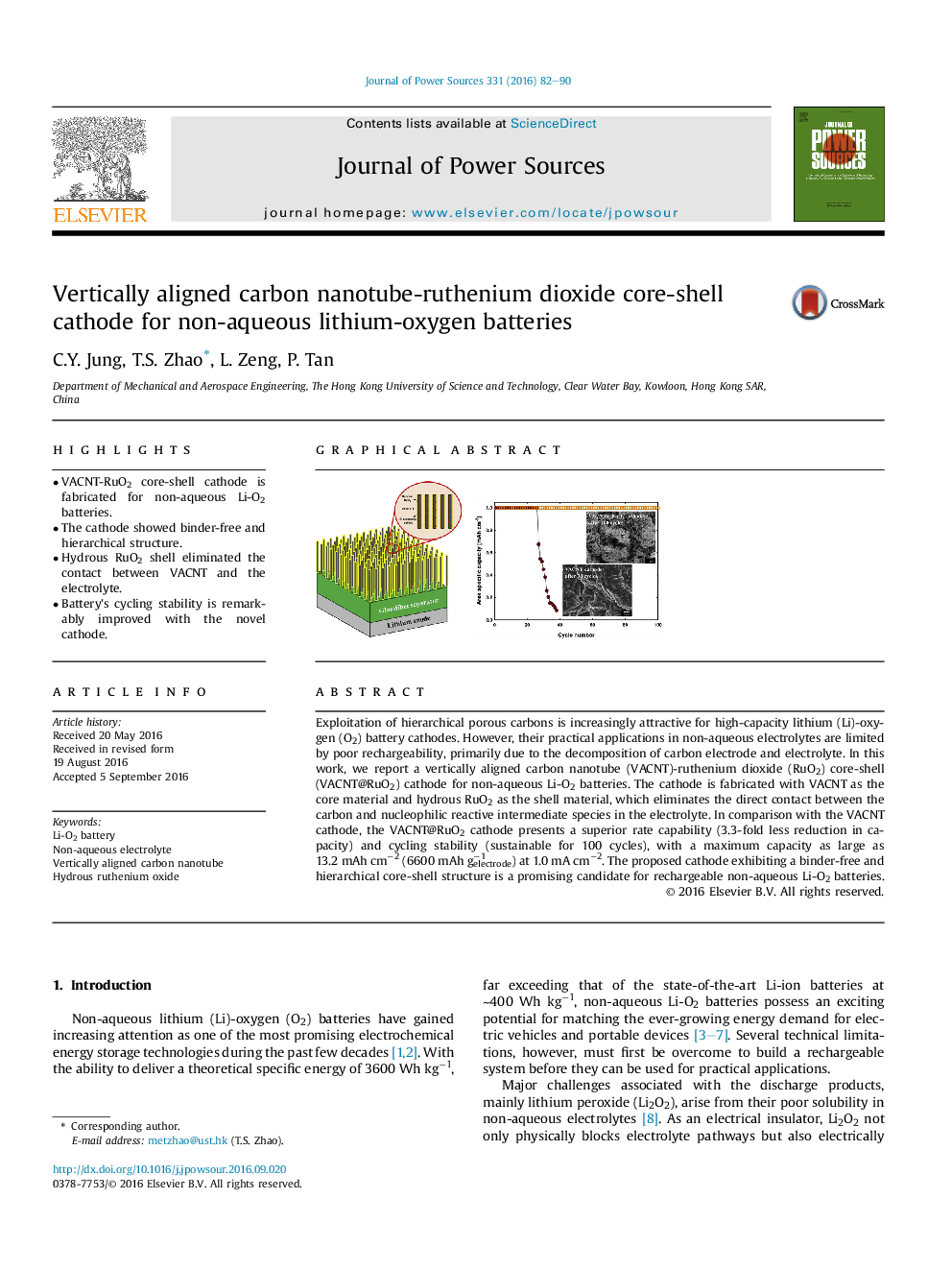 Vertically aligned carbon nanotube-ruthenium dioxide core-shell cathode for non-aqueous lithium-oxygen batteries