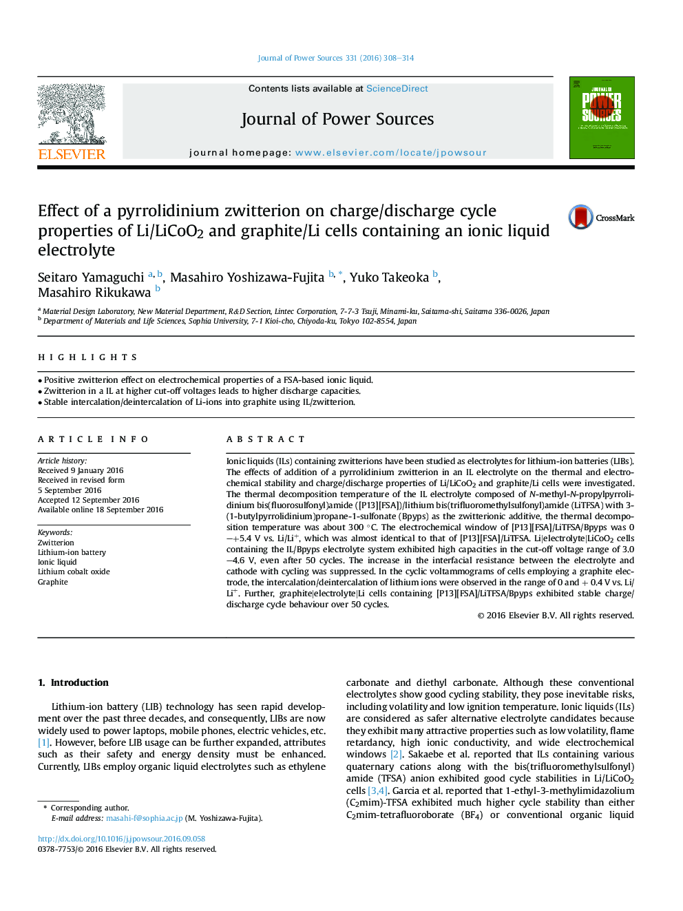 Effect of a pyrrolidinium zwitterion on charge/discharge cycle properties of Li/LiCoO2 and graphite/Li cells containing an ionic liquid electrolyte