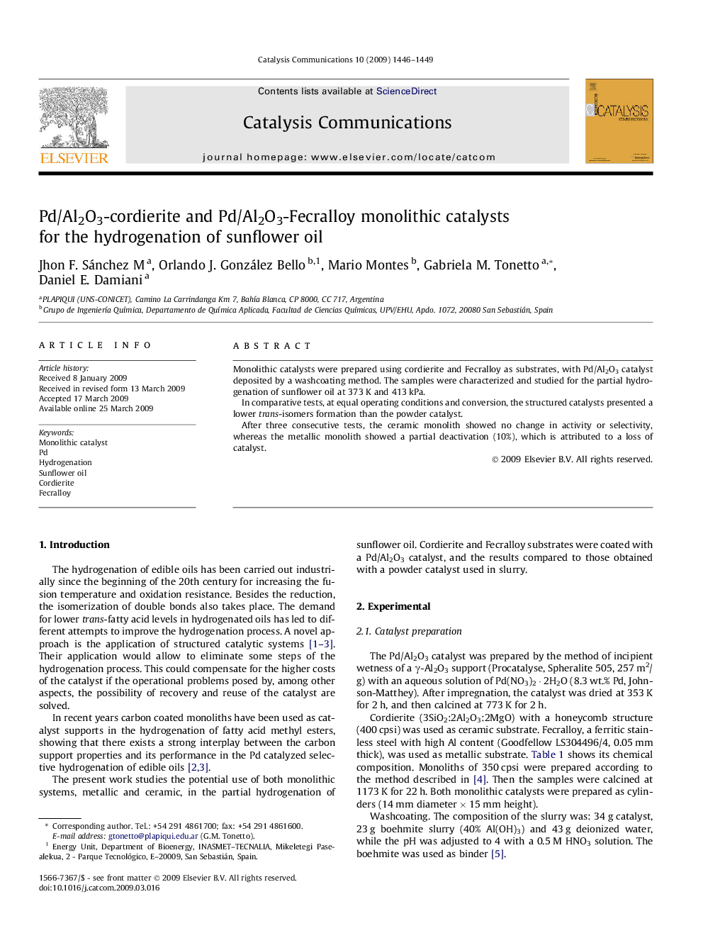 Pd/Al2O3-cordierite and Pd/Al2O3-Fecralloy monolithic catalysts for the hydrogenation of sunflower oil