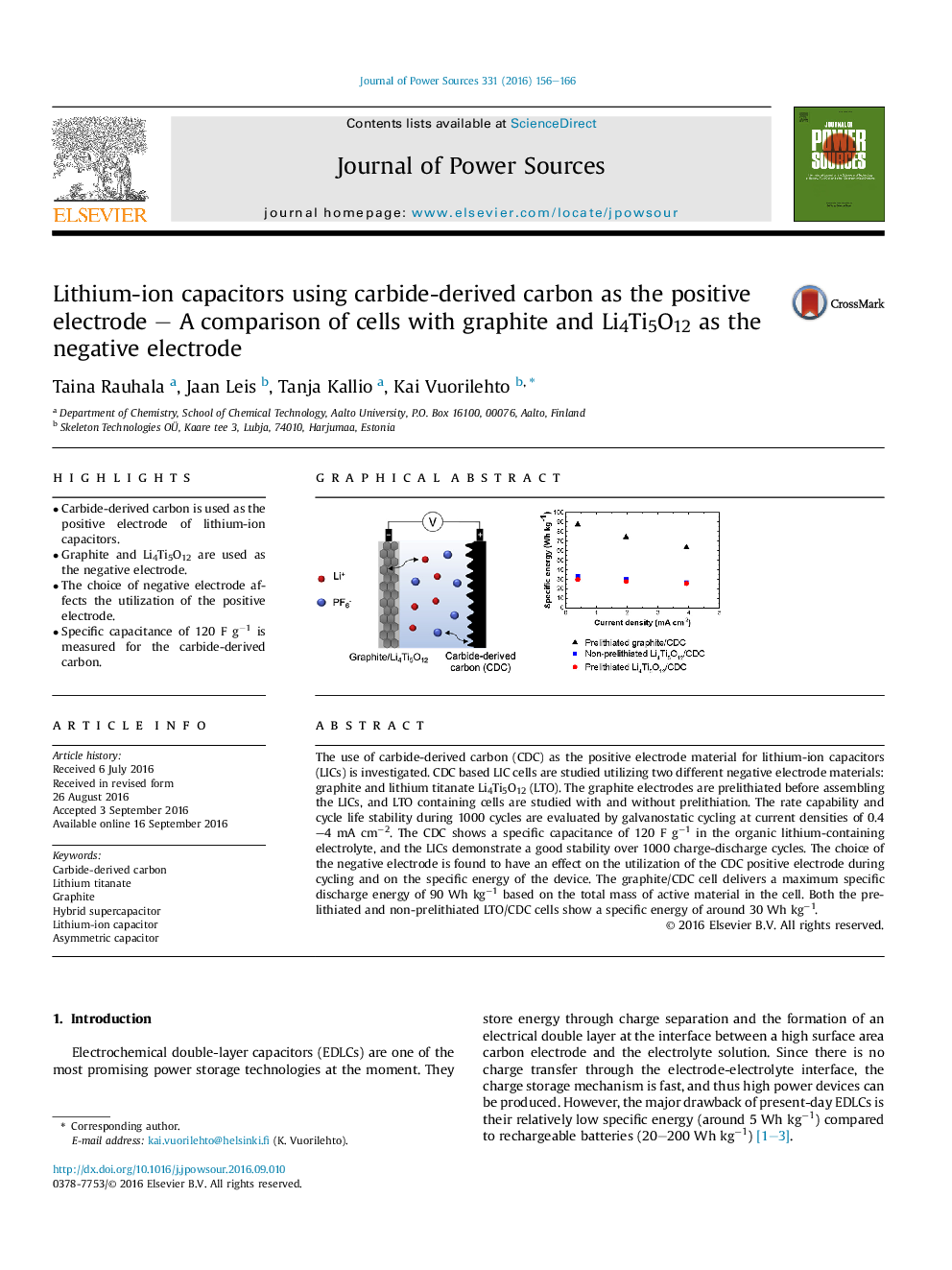 Lithium-ion capacitors using carbide-derived carbon as the positive electrode - A comparison of cells with graphite and Li4Ti5O12 as the negative electrode