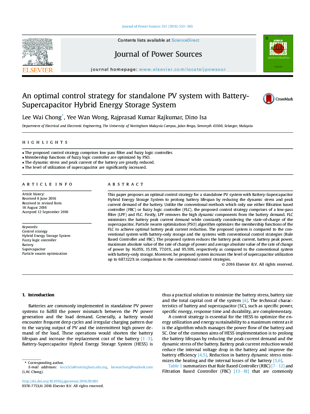 An optimal control strategy for standalone PV system with Battery-Supercapacitor Hybrid Energy Storage System