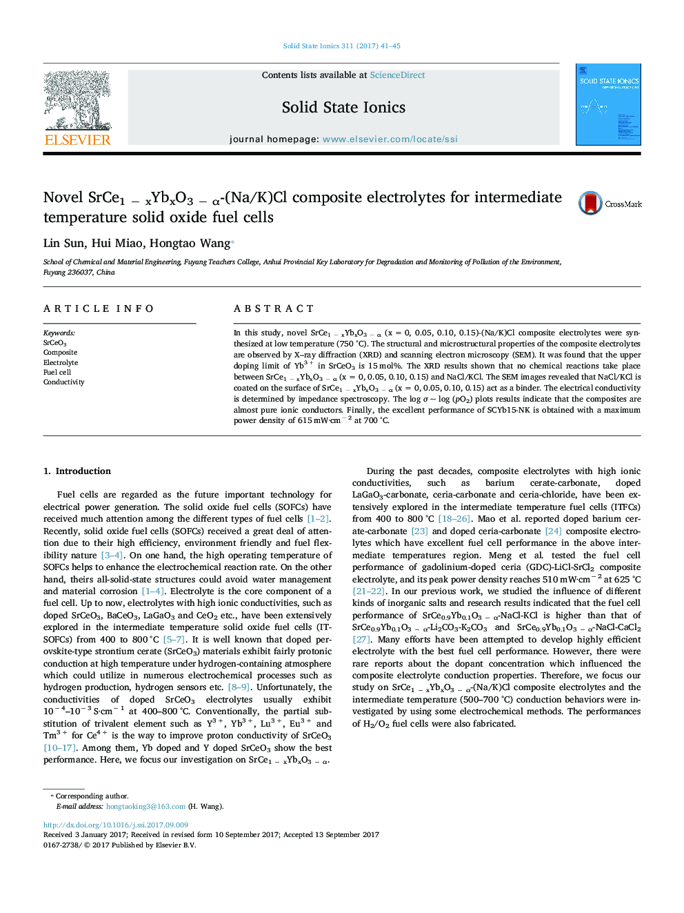 Novel SrCe1Â âÂ xYbxO3Â âÂ Î±-(Na/K)Cl composite electrolytes for intermediate temperature solid oxide fuel cells