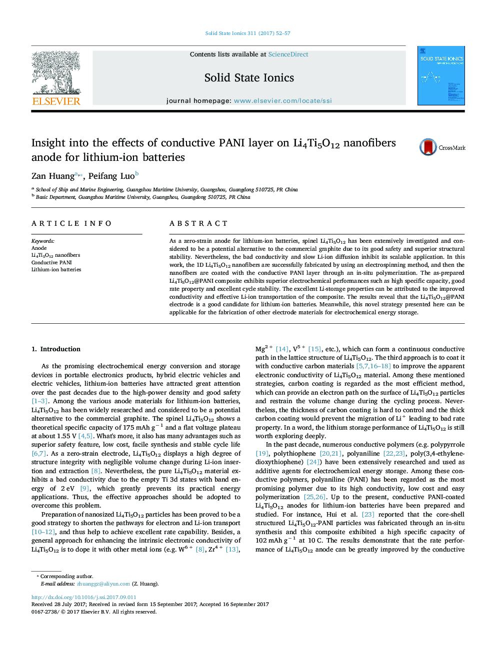 Insight into the effects of conductive PANI layer on Li4Ti5O12 nanofibers anode for lithium-ion batteries