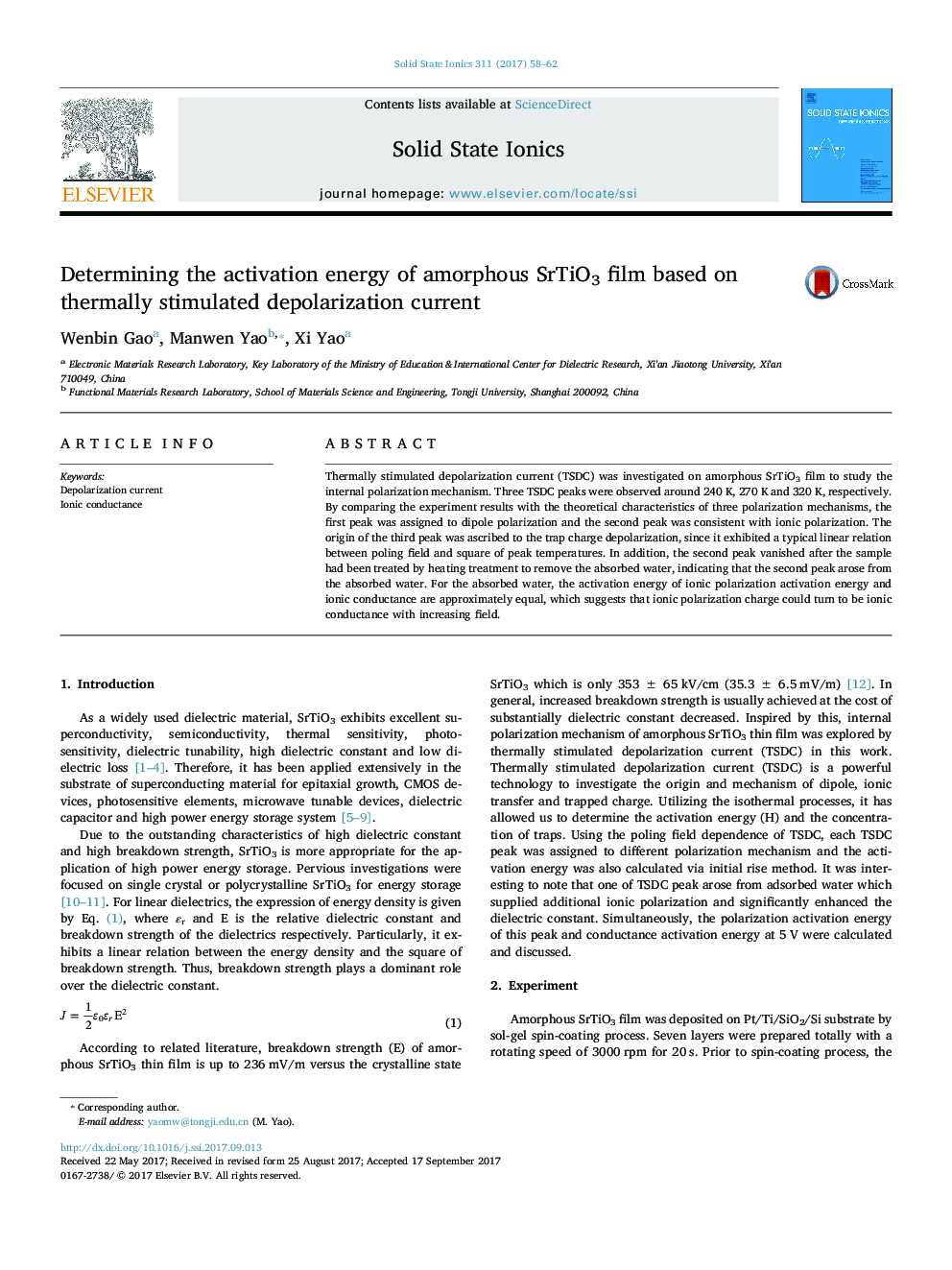 Determining the activation energy of amorphous SrTiO3 film based on thermally stimulated depolarization current