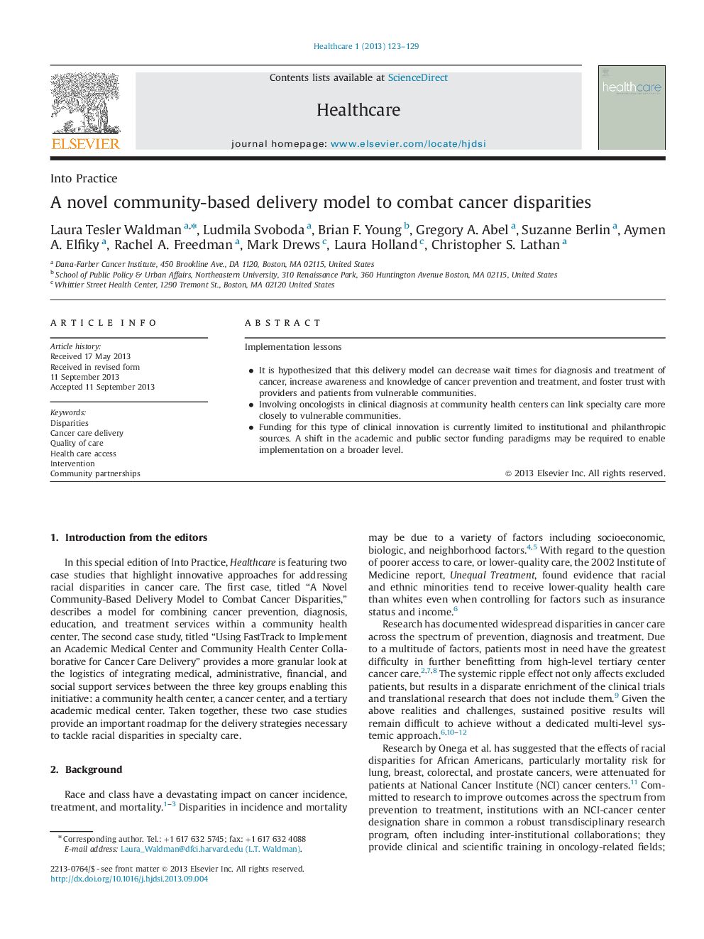 A novel community-based delivery model to combat cancer disparities