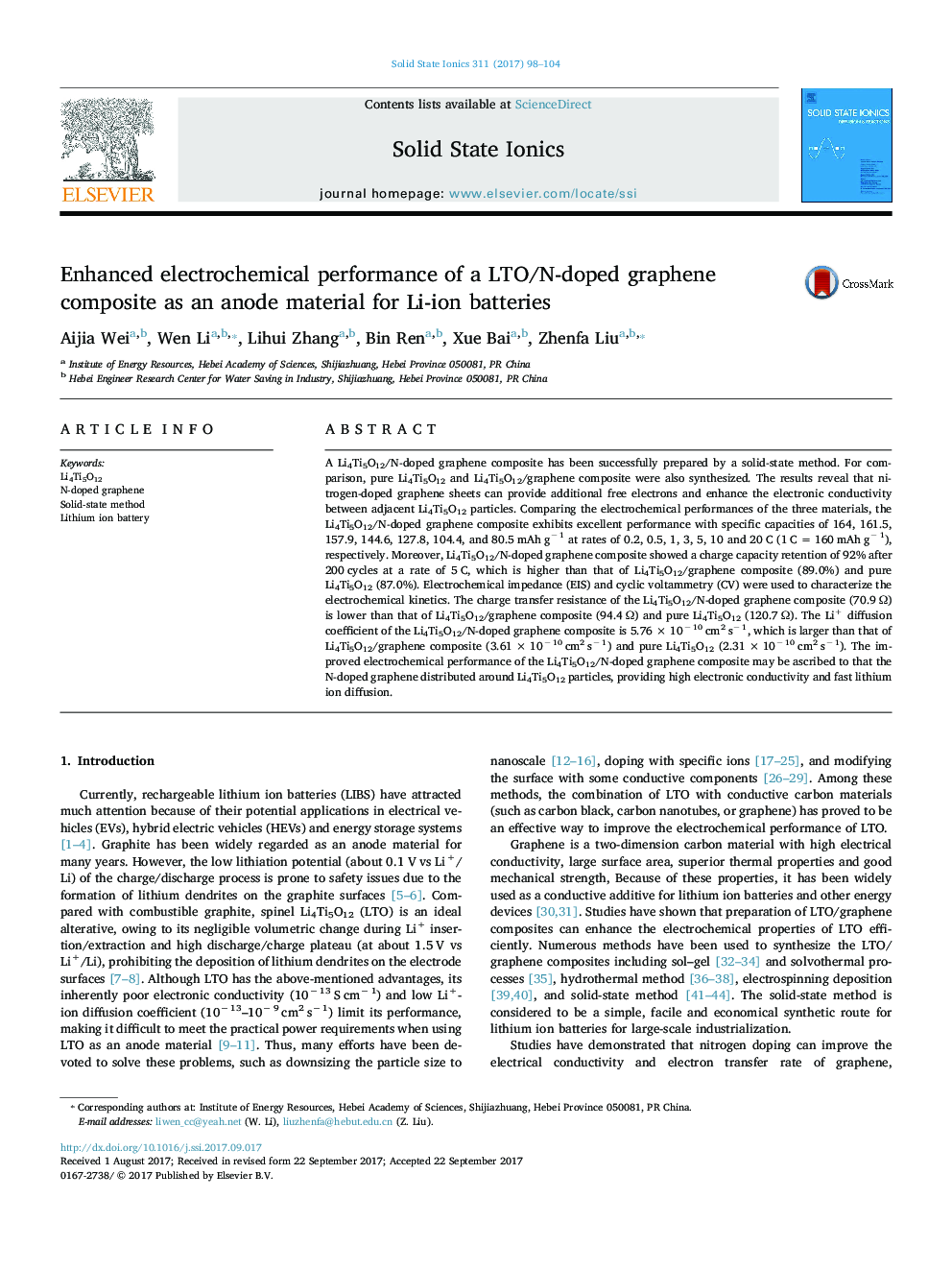 Enhanced electrochemical performance of a LTO/N-doped graphene composite as an anode material for Li-ion batteries