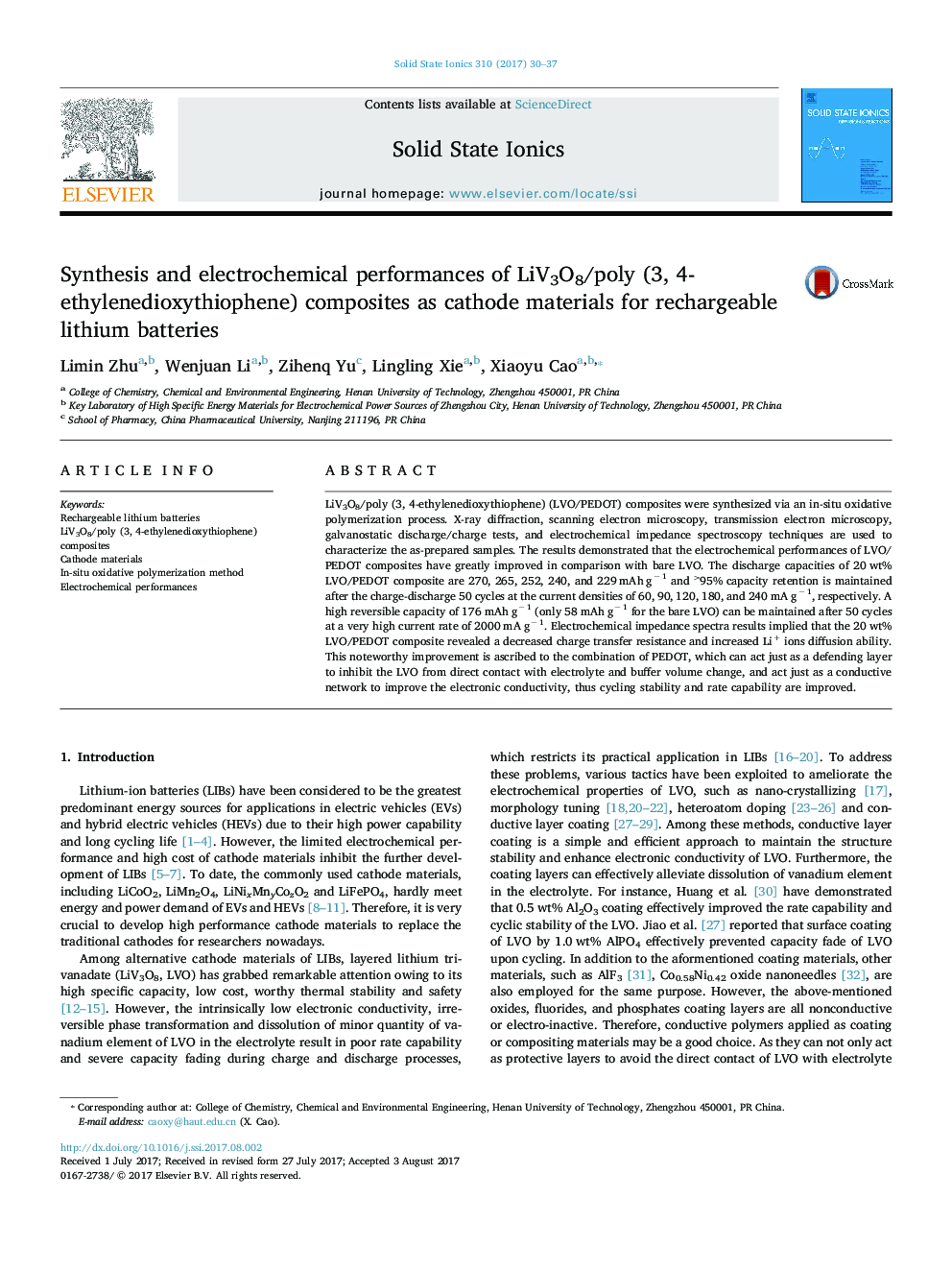 Synthesis and electrochemical performances of LiV3O8/poly (3, 4-ethylenedioxythiophene) composites as cathode materials for rechargeable lithium batteries