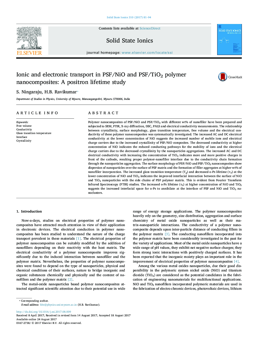 عکس صفحه اول مقاله: Ionic and electronic transport in PSF/NiO and PSF/TiO2 polymer nanocomposites: A positron lifetime study Ionic and electronic transport in PSF/NiO and PSF/TiO2 polymer nanocomposites: A positron lifetime study