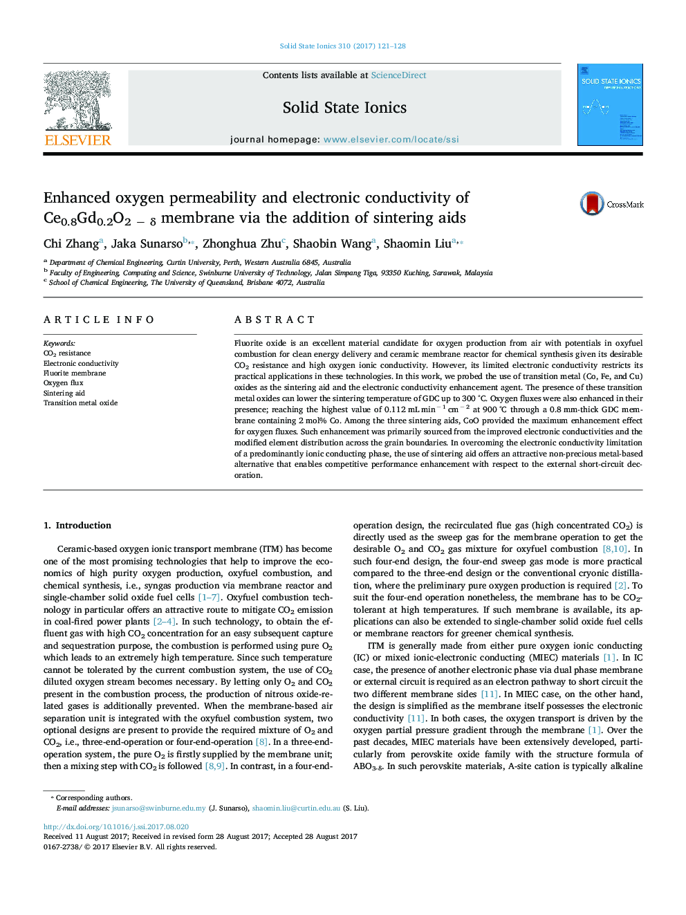 Enhanced oxygen permeability and electronic conductivity of Ce0.8Gd0.2O2Â âÂ Î´ membrane via the addition of sintering aids