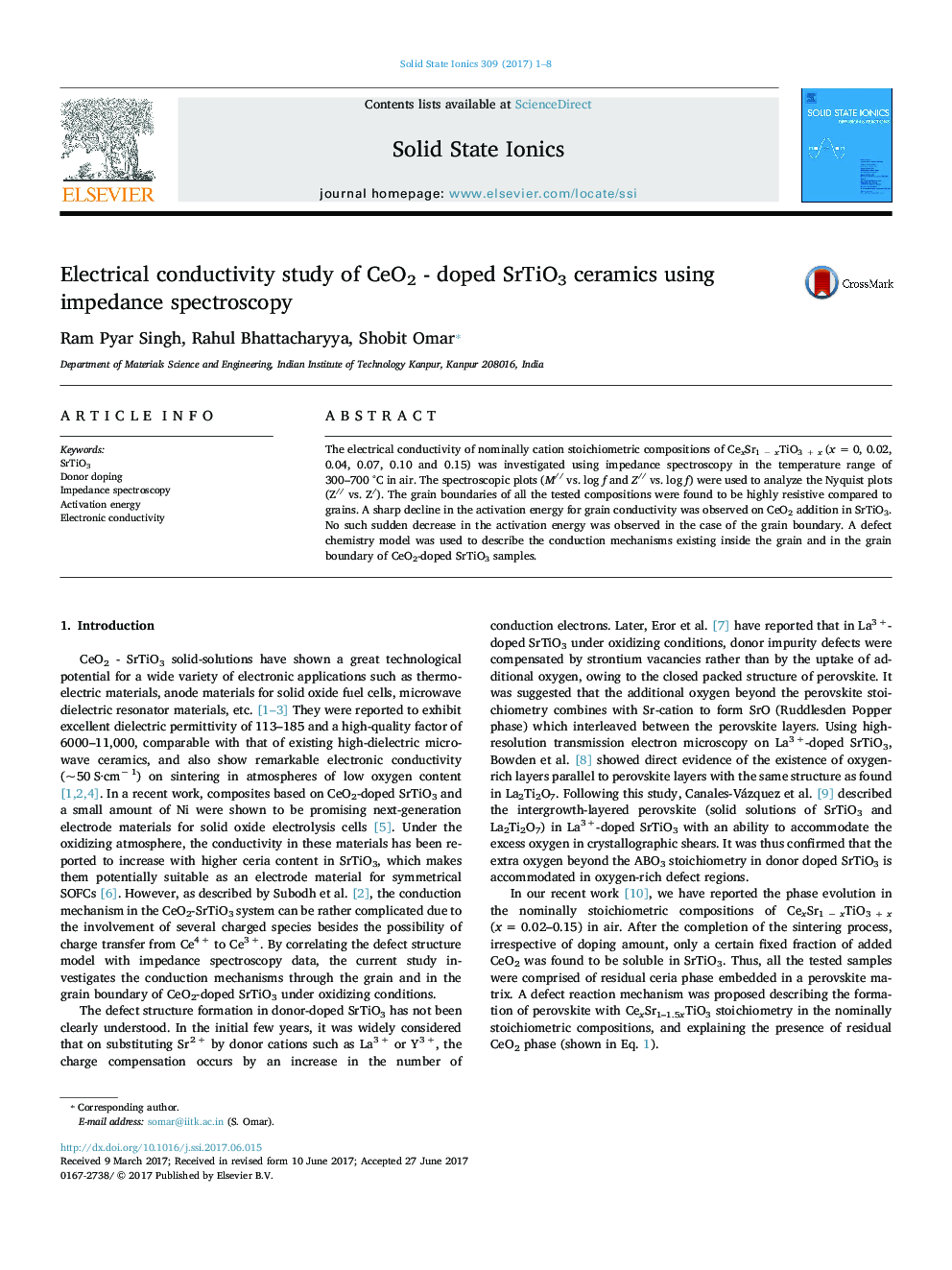 Electrical conductivity study of CeO2 - doped SrTiO3 ceramics using impedance spectroscopy