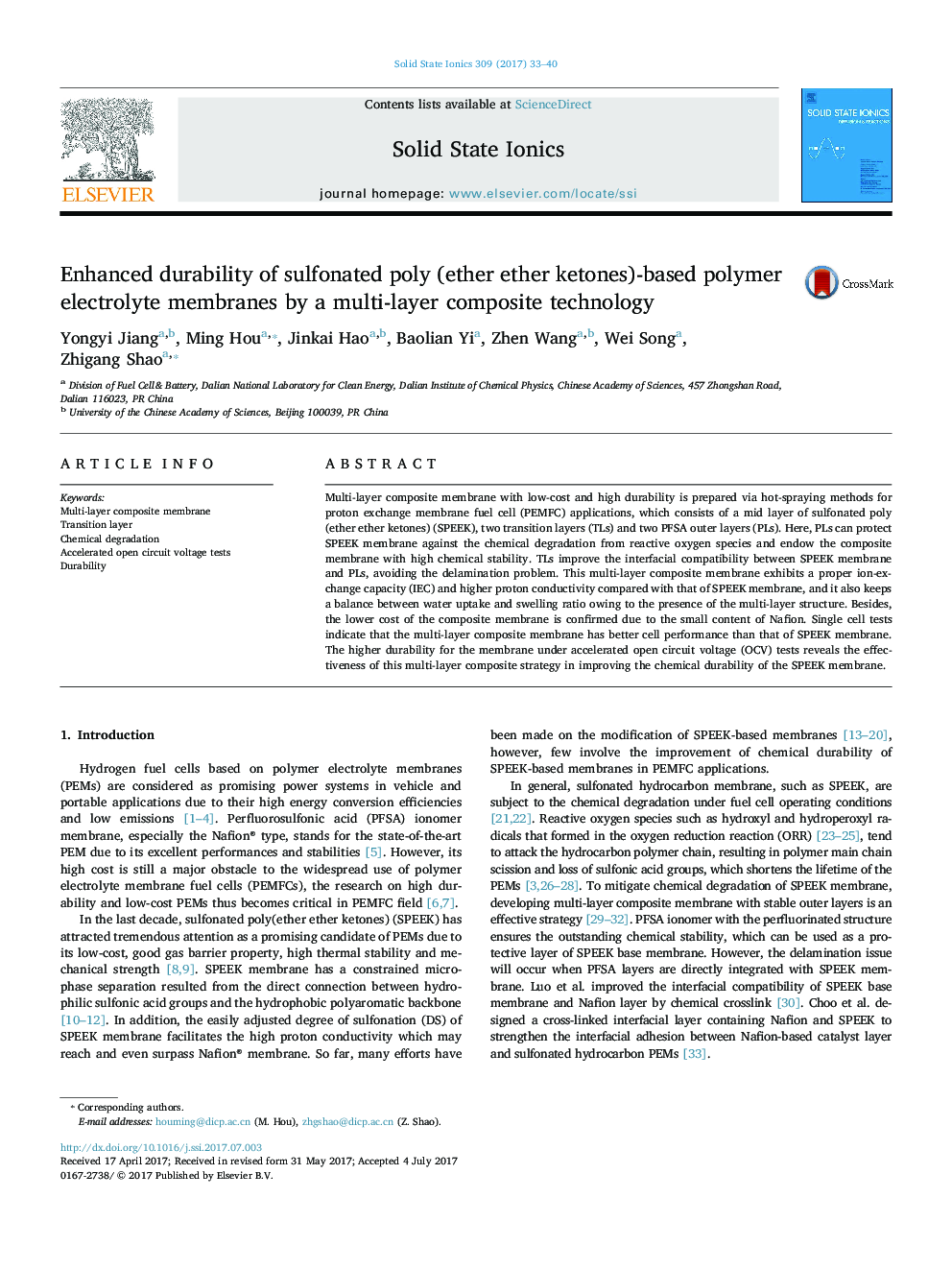 Enhanced durability of sulfonated poly (ether ether ketones)-based polymer electrolyte membranes by a multi-layer composite technology