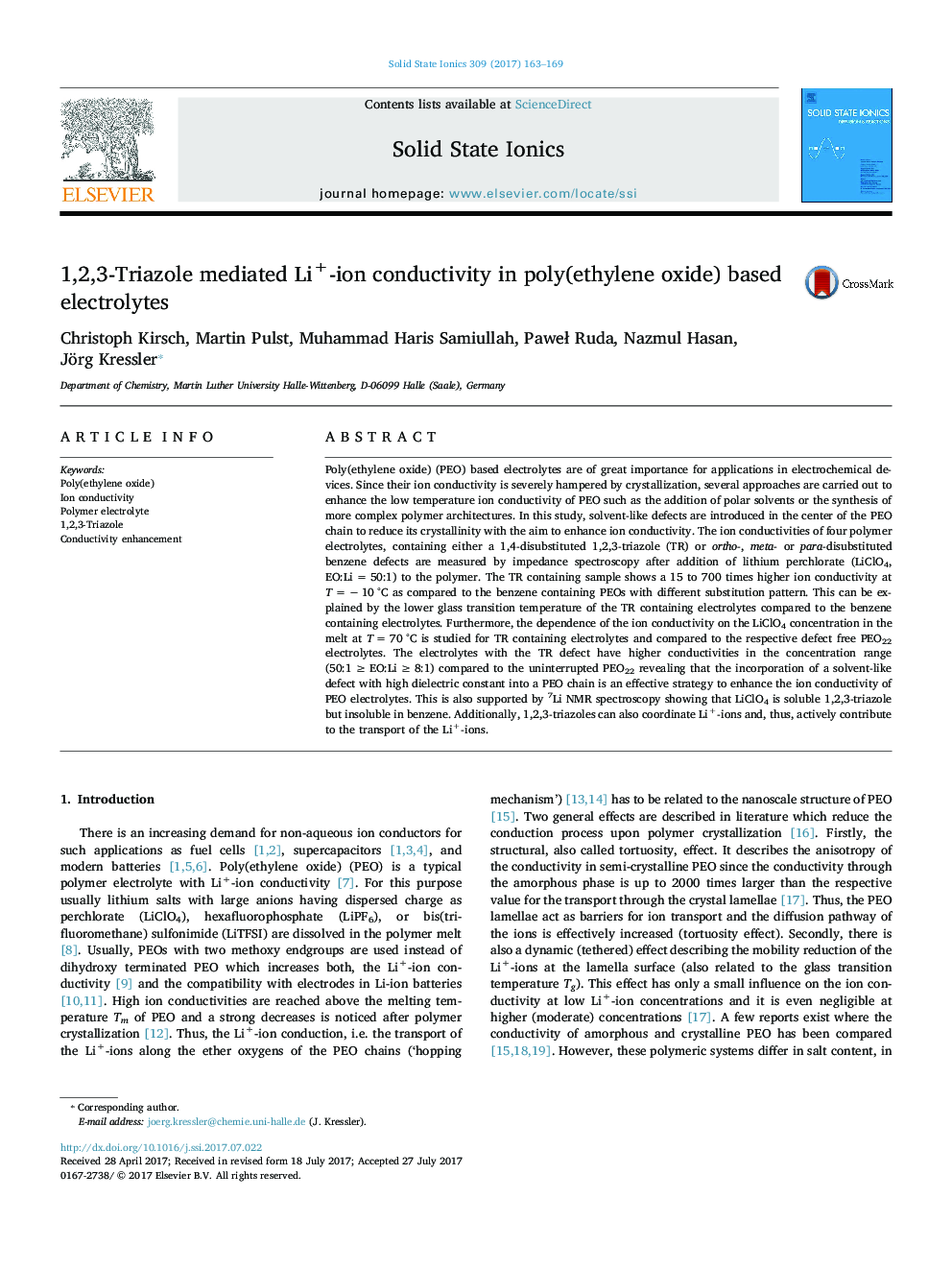 1,2,3-Triazole mediated Li+-ion conductivity in poly(ethylene oxide) based electrolytes