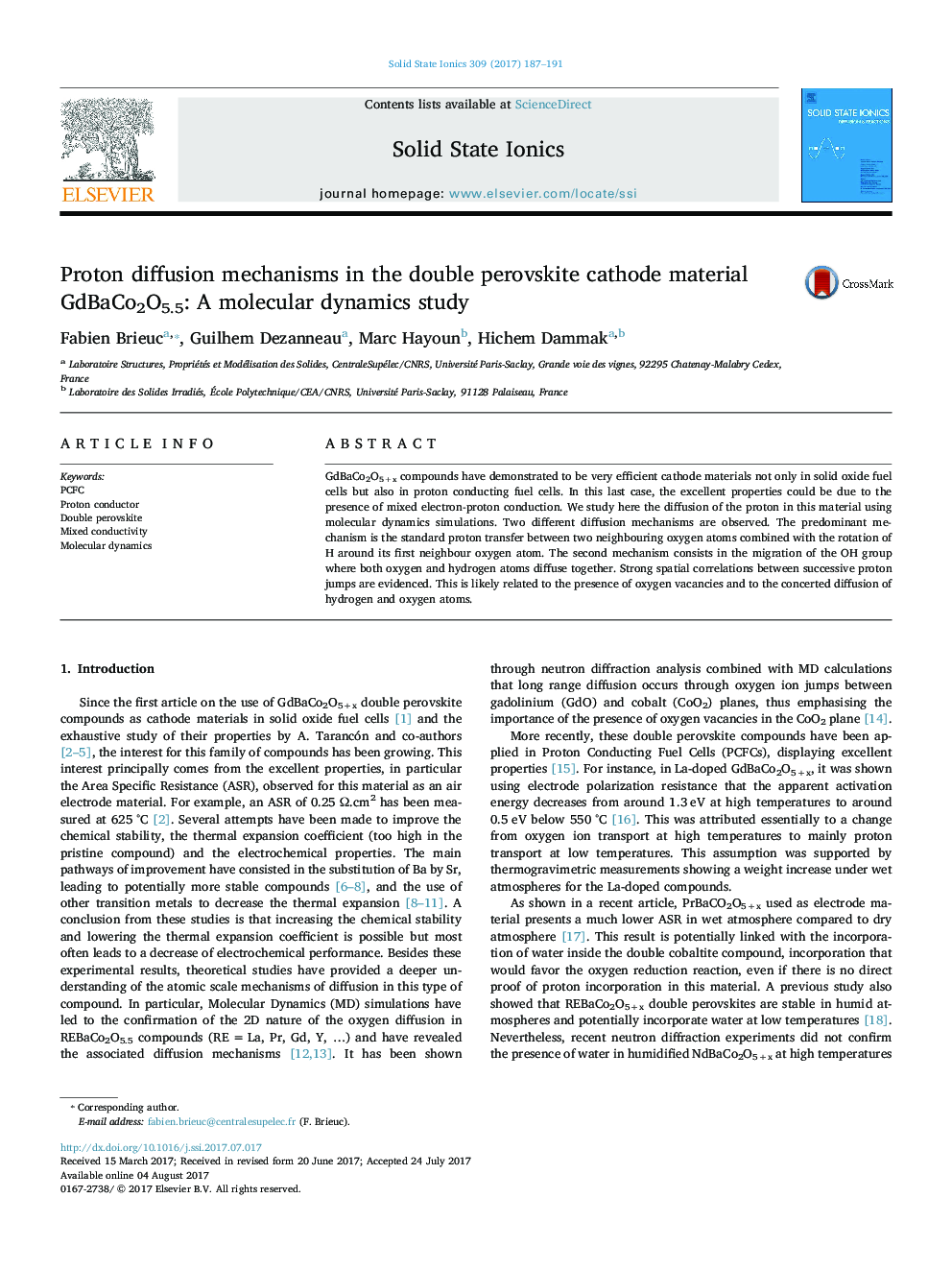 Proton diffusion mechanisms in the double perovskite cathode material GdBaCo2O5.5: A molecular dynamics study