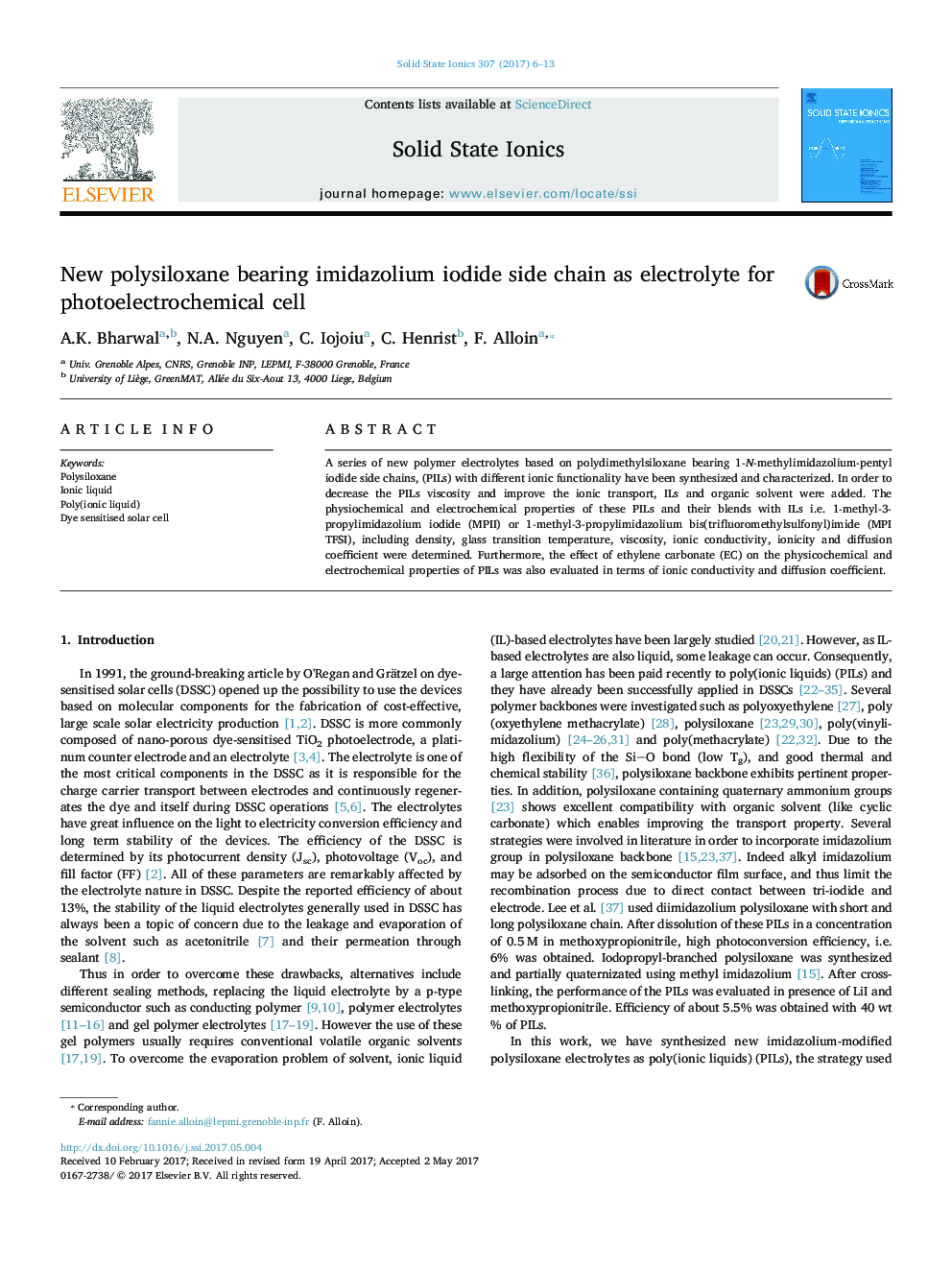 عکس صفحه اول مقاله: New polysiloxane bearing imidazolium iodide side chain as electrolyte for photoelectrochemical cell New polysiloxane bearing imidazolium iodide side chain as electrolyte for photoelectrochemical cell