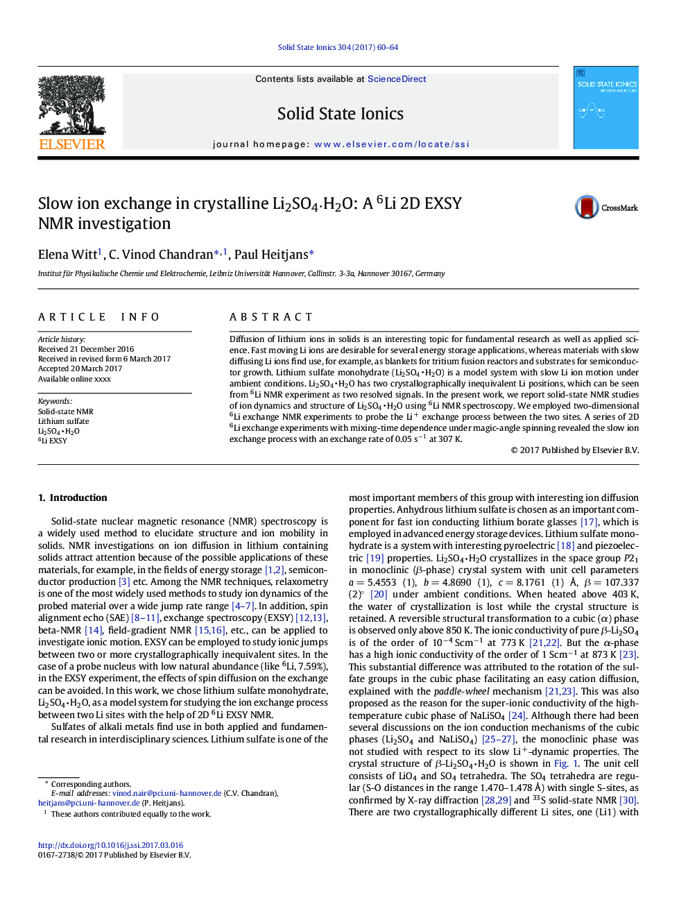 Slow ion exchange in crystalline Li2SO4 âH2O: A 6Li 2D EXSY NMRÂ investigation