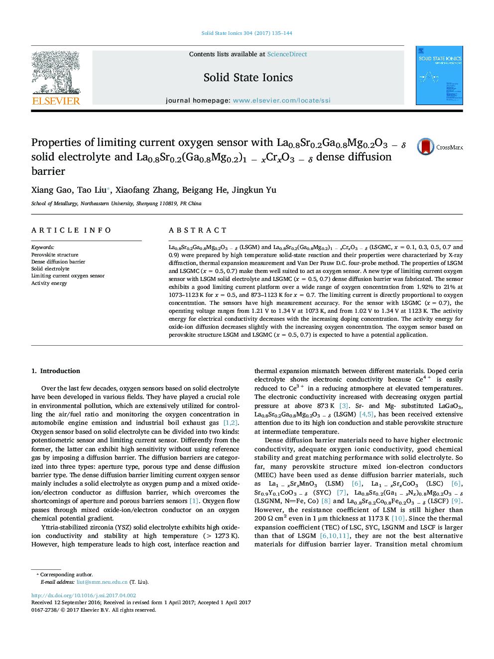 Properties of limiting current oxygen sensor with La0.8Sr0.2Ga0.8Mg0.2O3Â âÂ Î´ solid electrolyte and La0.8Sr0.2(Ga0.8Mg0.2)1Â âÂ xCrxO3Â âÂ Î´ dense diffusion barrier