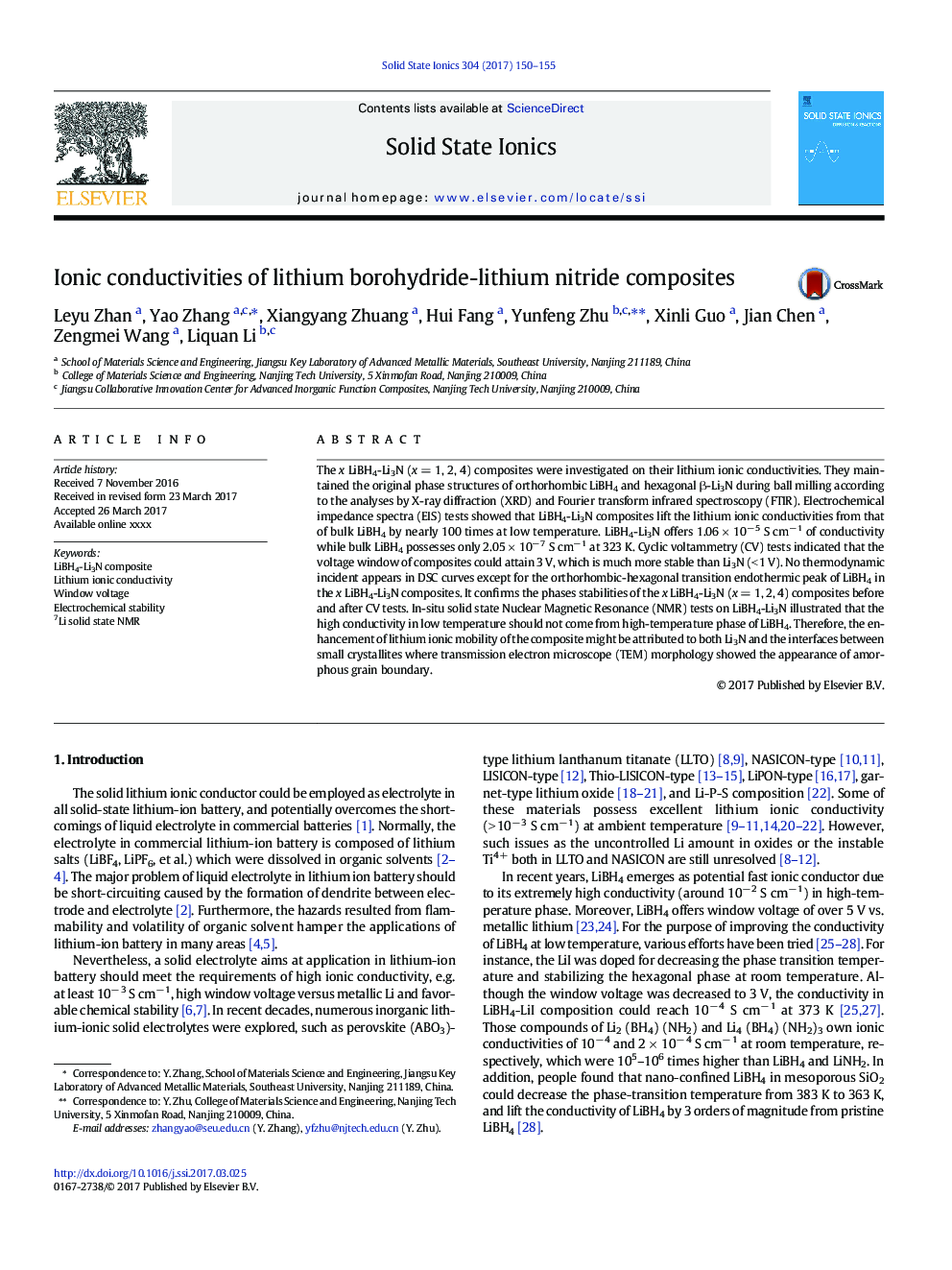 Ionic conductivities of lithium borohydride-lithium nitride composites