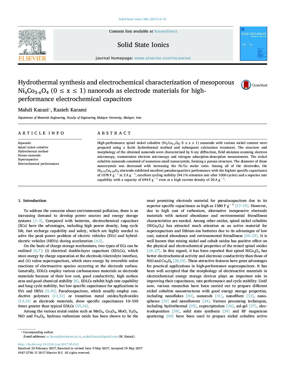 Hydrothermal synthesis and electrochemical characterization of mesoporous NixCo3-xO4 (0Â â¤Â xÂ â¤Â 1) nanorods as electrode materials for high-performance electrochemical capacitors