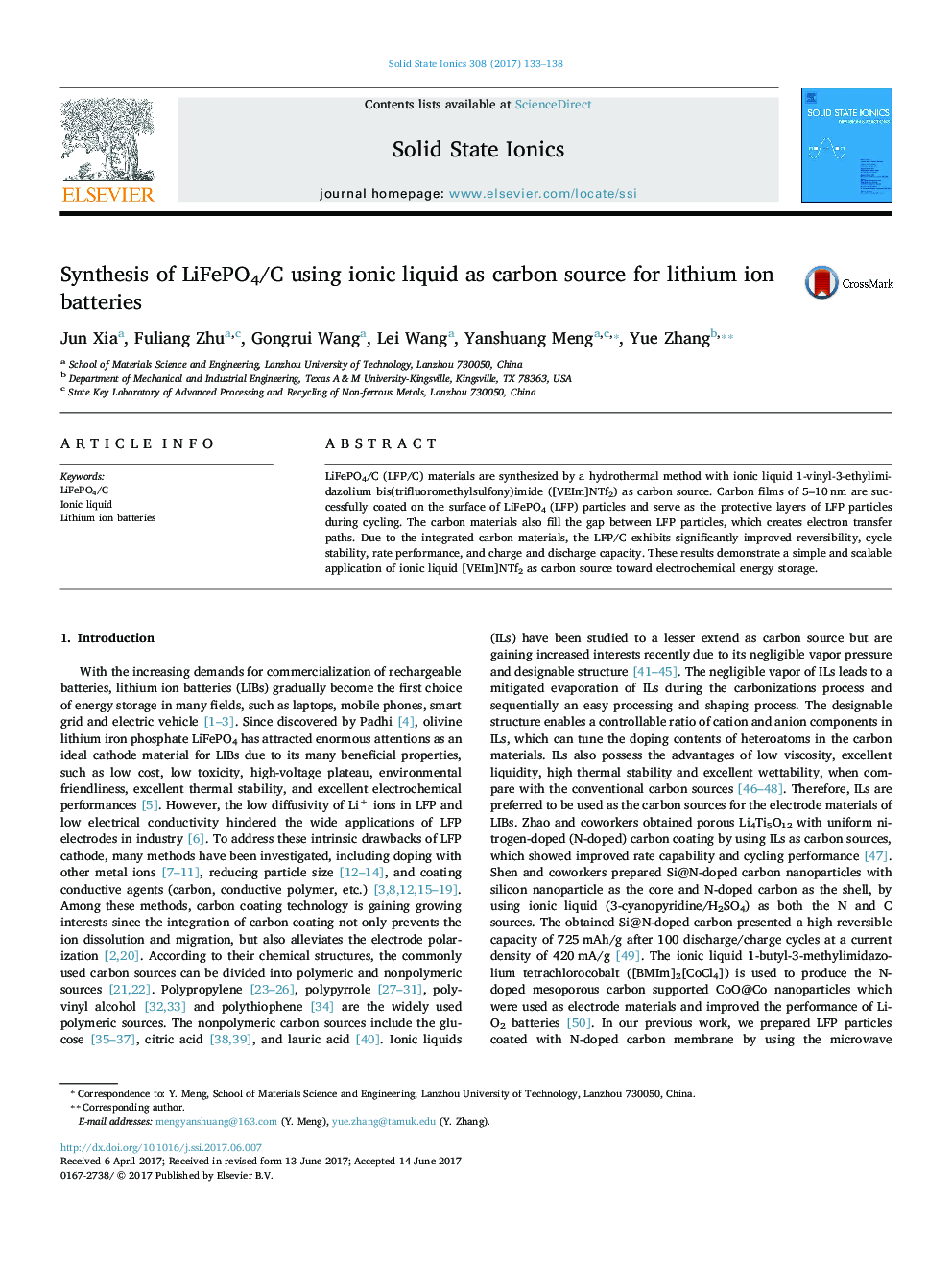 Synthesis of LiFePO4/C using ionic liquid as carbon source for lithium ion batteries