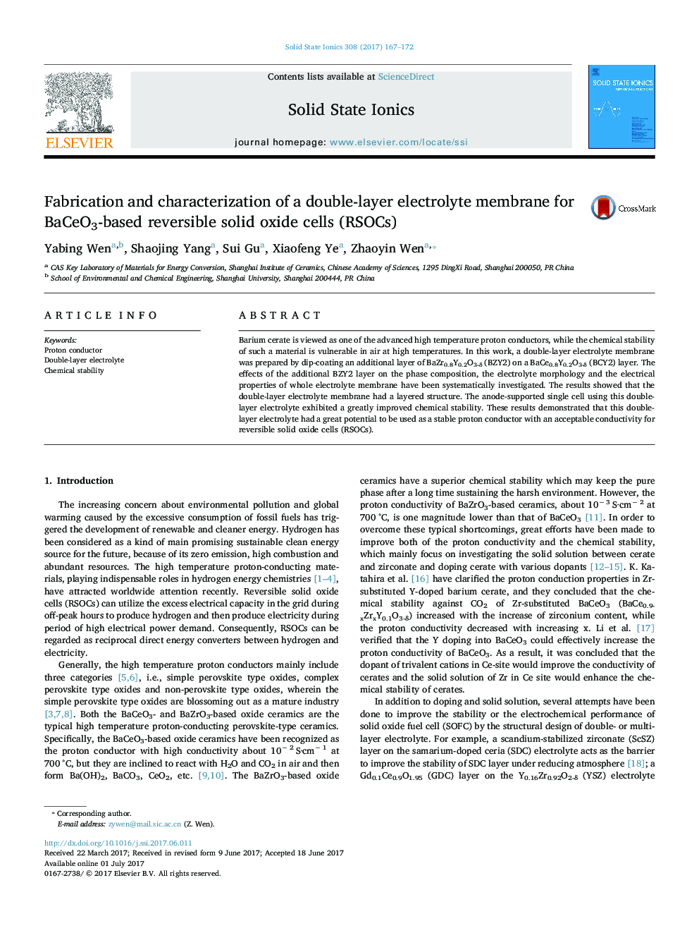 Fabrication and characterization of a double-layer electrolyte membrane for BaCeO3-based reversible solid oxide cells (RSOCs)