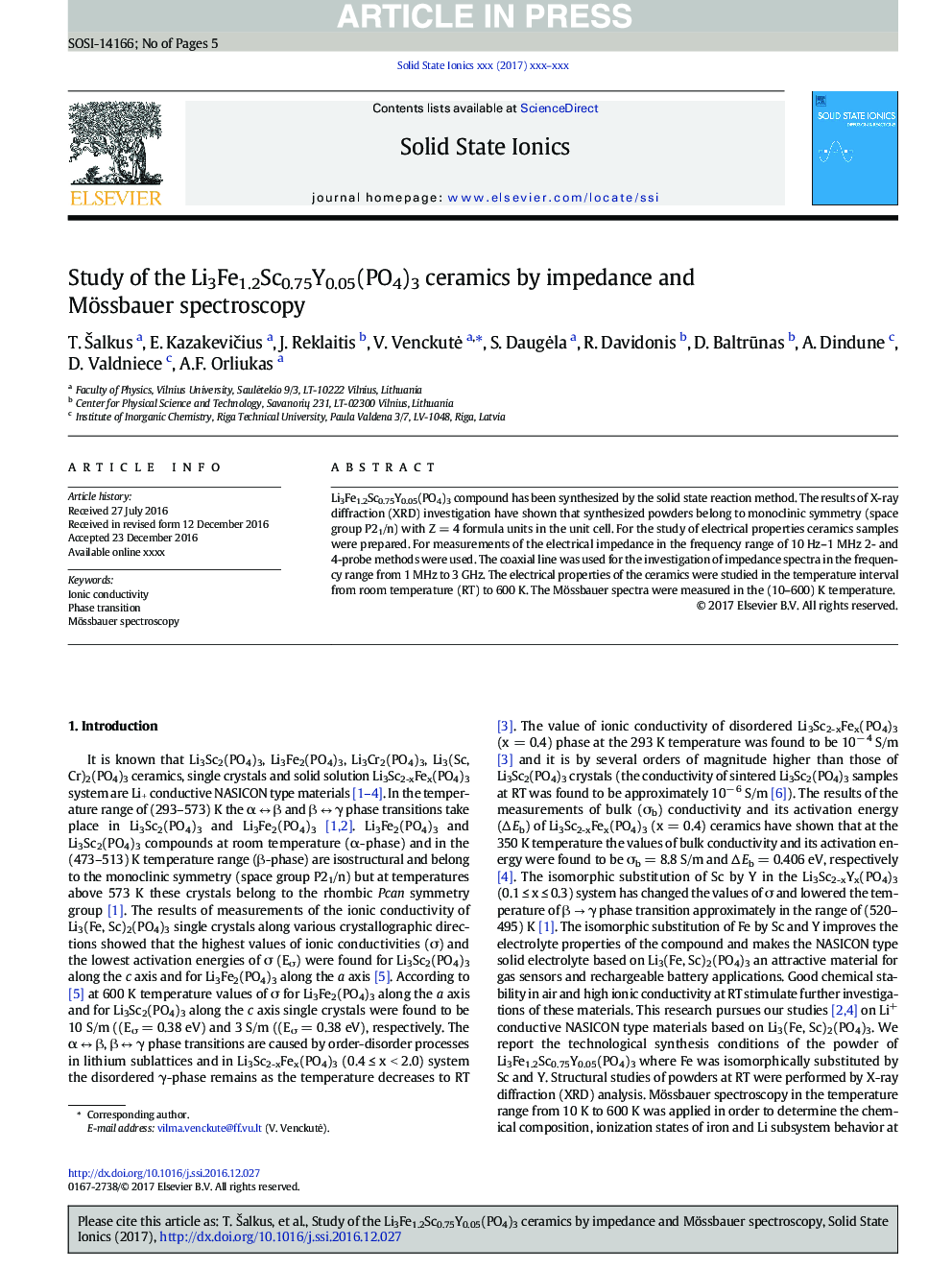 Study of the Li3Fe1.2Sc0.75Y0.05(PO4)3 ceramics by impedance and Mössbauer spectroscopy