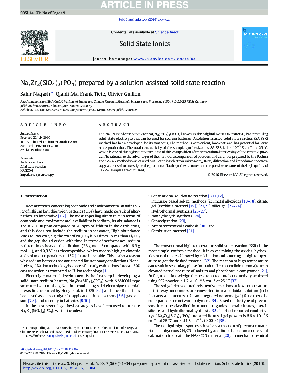 Na3Zr2(SiO4)2(PO4) prepared by a solution-assisted solid state reaction