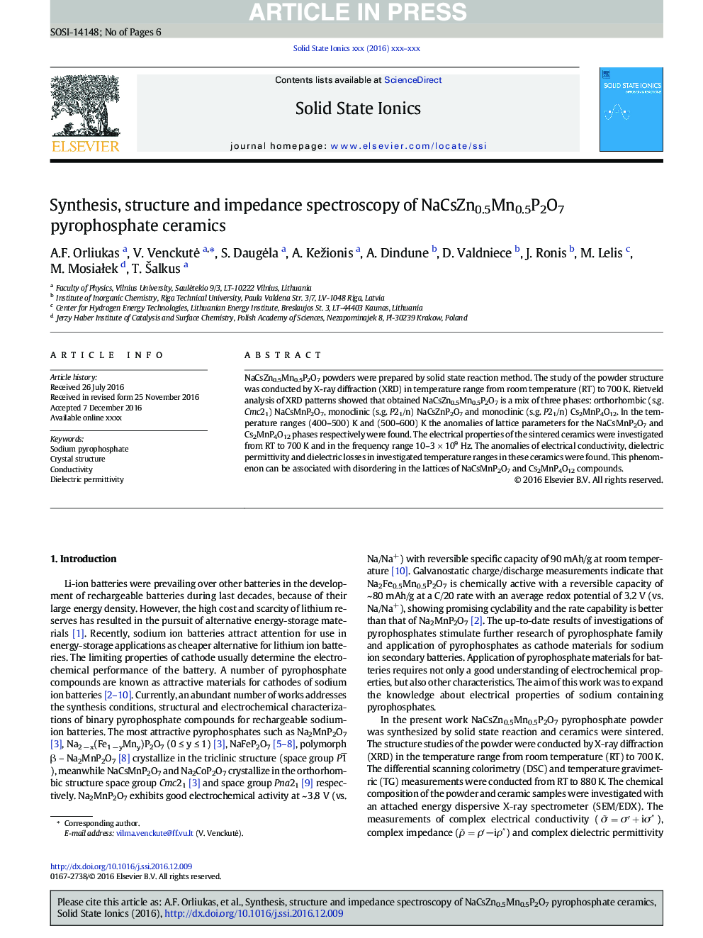 Synthesis, structure and impedance spectroscopy of NaCsZn0.5Mn0.5P2O7 pyrophosphate ceramics