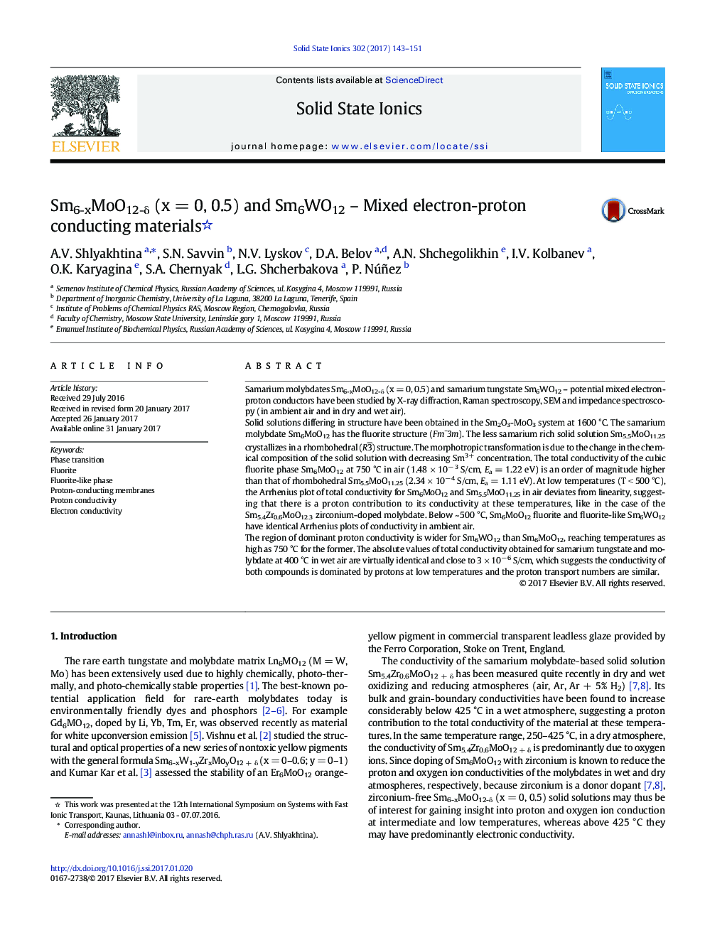 Sm6-xMoO12-Î´ (xÂ =Â 0, 0.5) and Sm6WO12 - Mixed electron-proton conducting materials