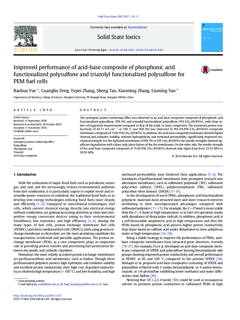 Improved performance of acid-base composite of phosphonic acid functionalized polysulfone and triazolyl functionalized polysulfone for PEM fuel cells