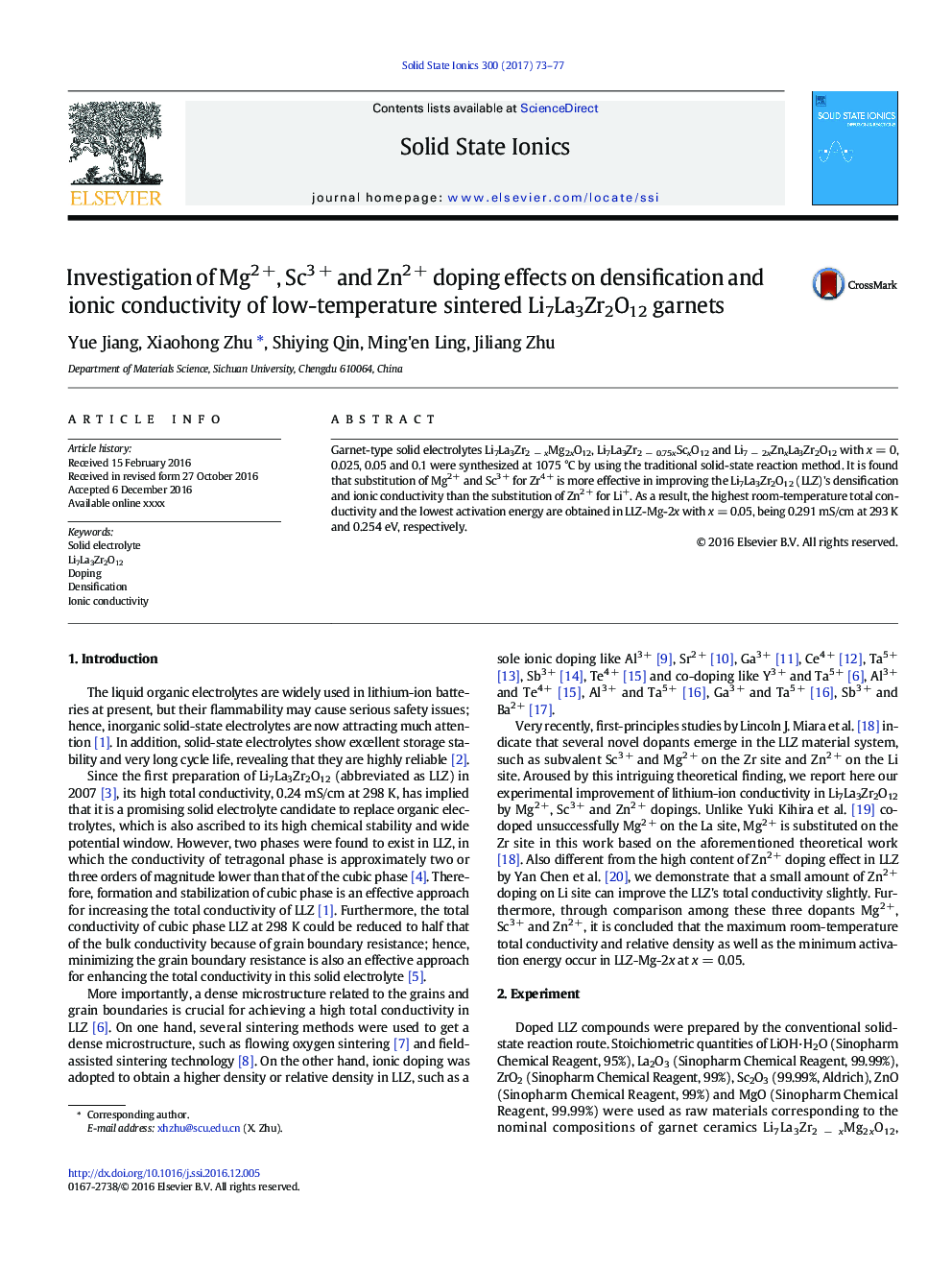 Investigation of Mg2Â +, Sc3Â + and Zn2Â + doping effects on densification and ionic conductivity of low-temperature sintered Li7La3Zr2O12 garnets