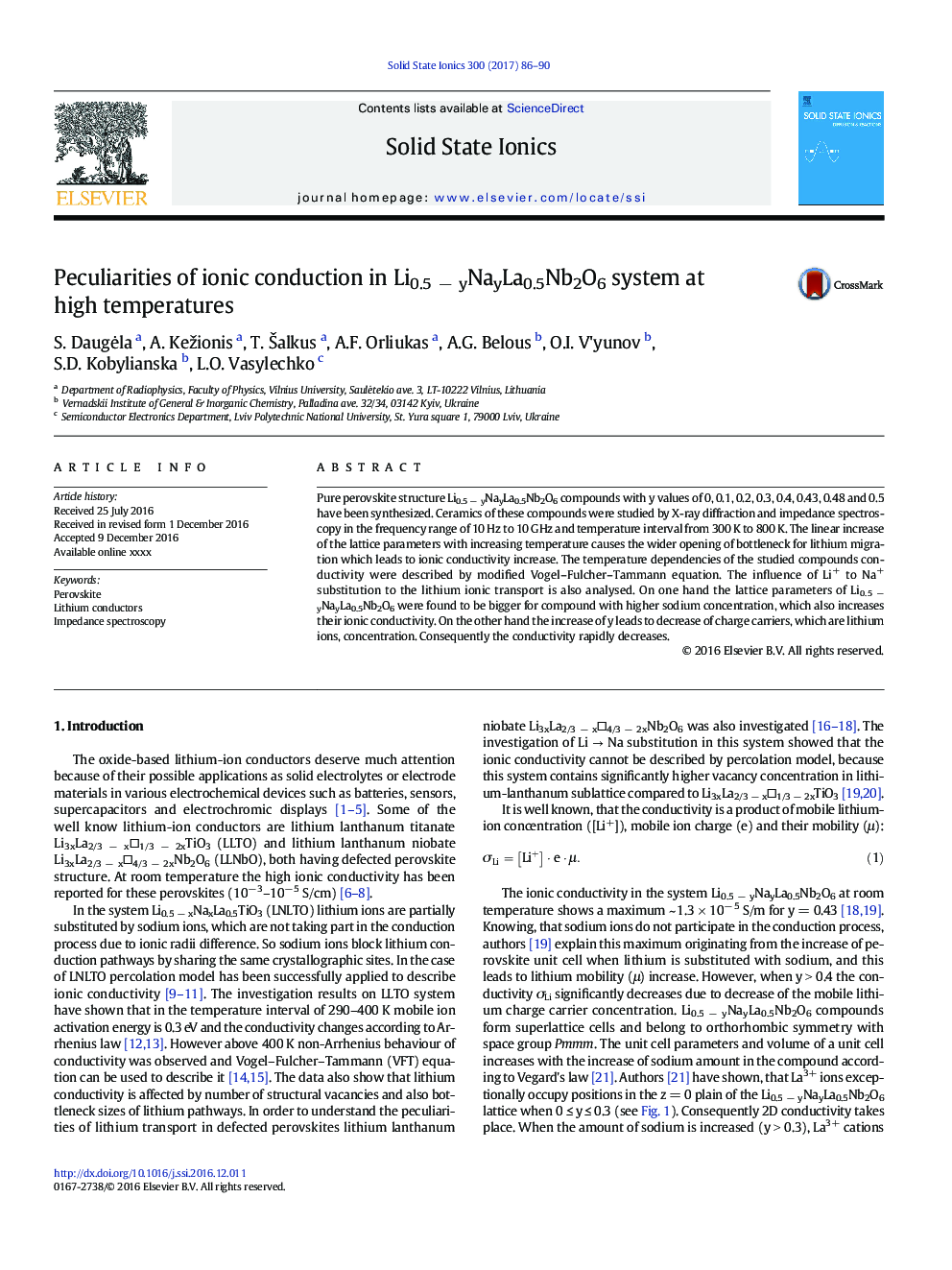 Peculiarities of ionic conduction in Li0.5Â âÂ yNayLa0.5Nb2O6 system at high temperatures