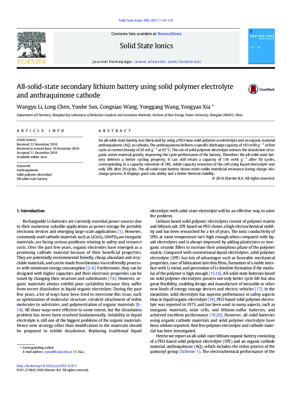 All-solid-state secondary lithium battery using solid polymer electrolyte and anthraquinone cathode