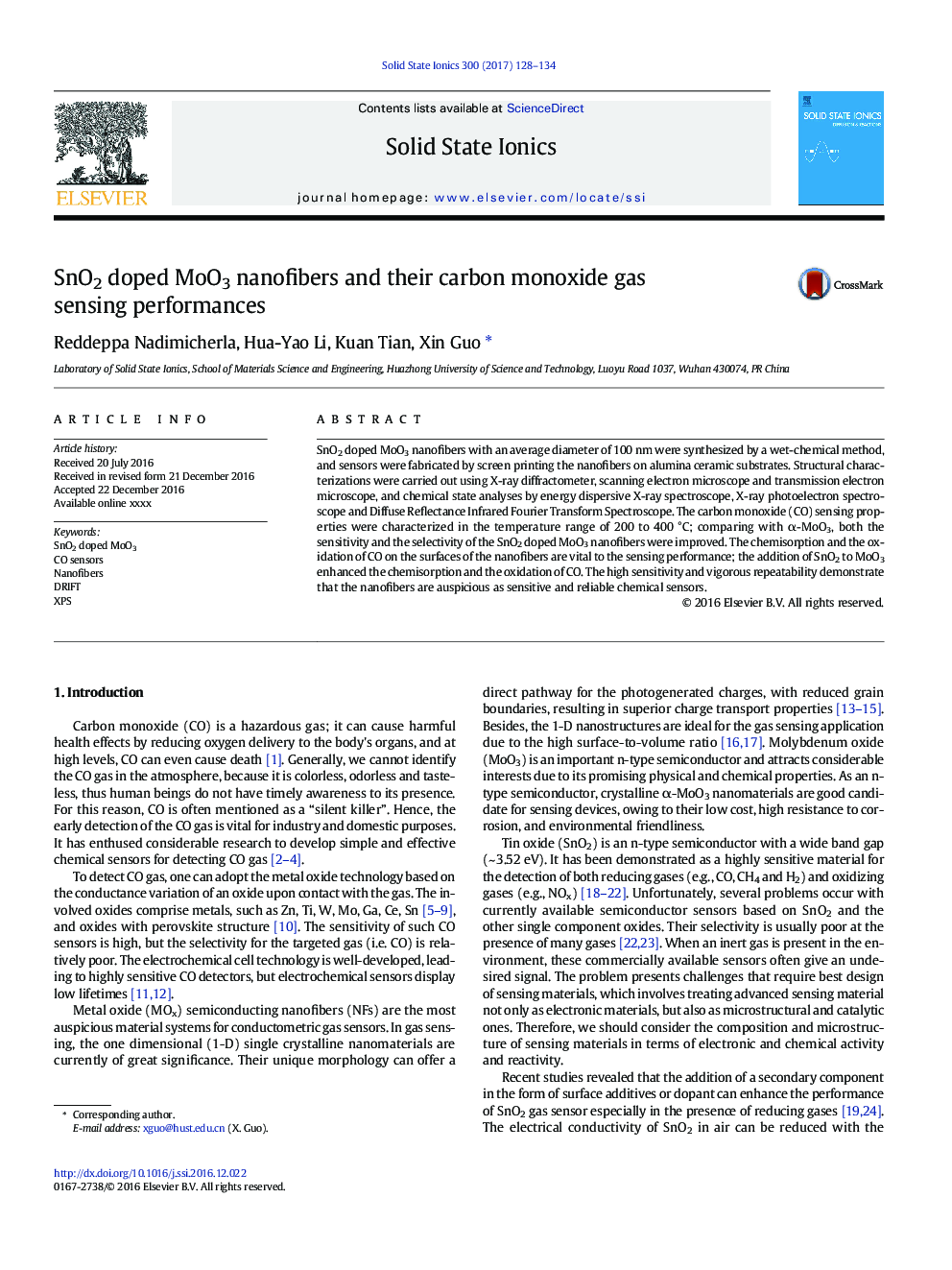 SnO2 doped MoO3 nanofibers and their carbon monoxide gas sensing performances