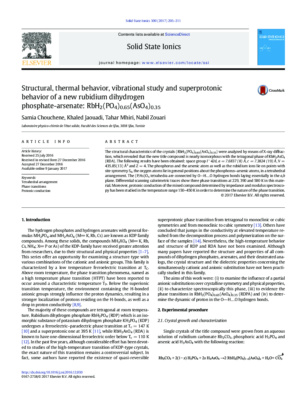 Structural, thermal behavior, vibrational study and superprotonic behavior of a new rubidium dihydrogen phosphate-arsenate: RbH2(PO4)0.65(AsO4)0.35