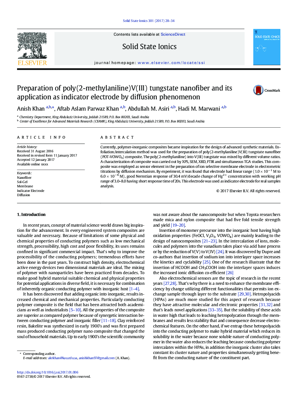 Preparation of poly(2-methylaniline)V(III) tungstate nanofiber and its application as indicator electrode by diffusion phenomenon