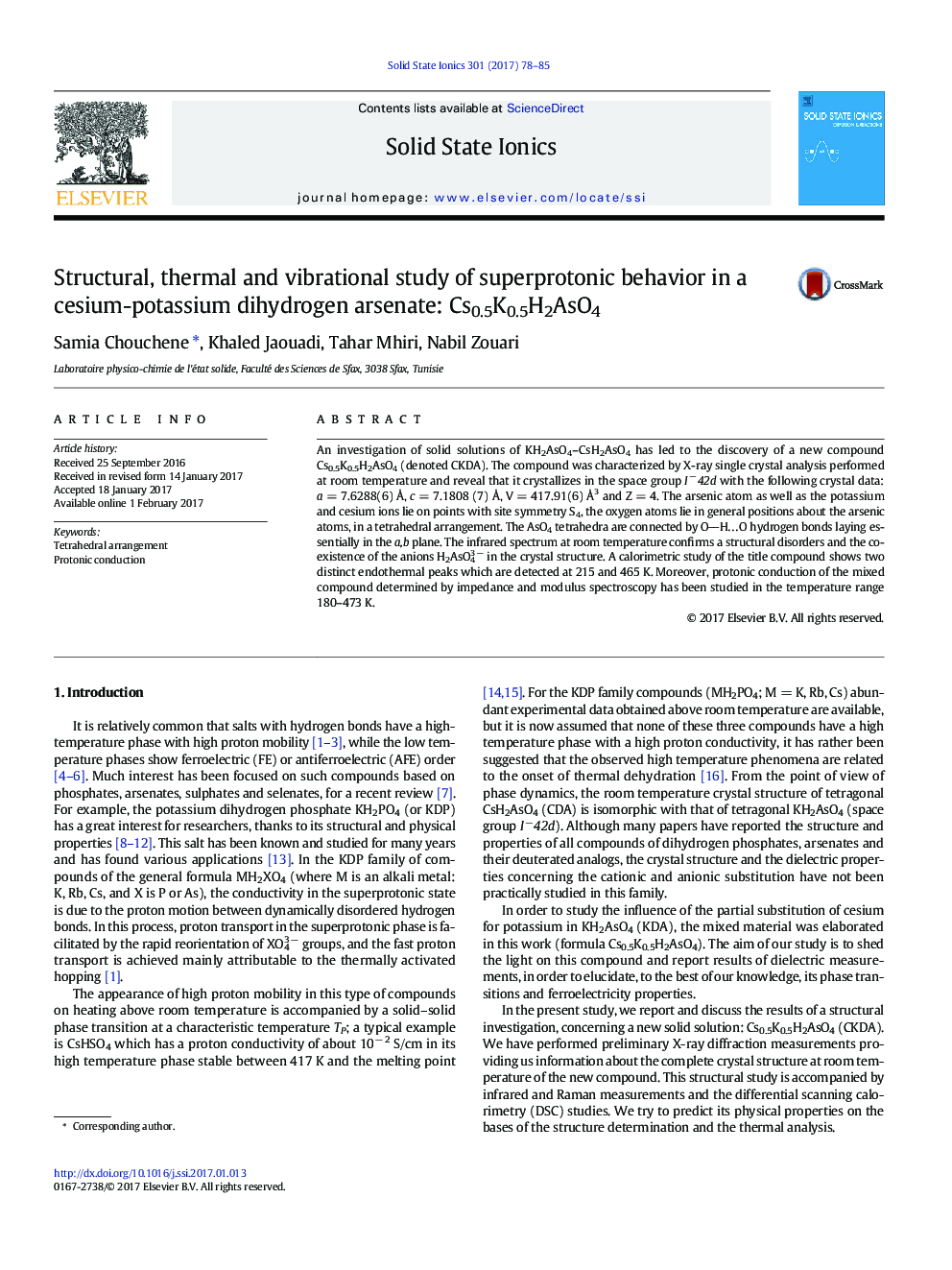 Structural, thermal and vibrational study of superprotonic behavior in a cesium-potassium dihydrogen arsenate: Cs0.5K0.5H2AsO4