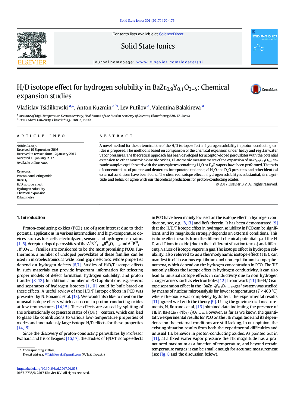 H/D isotope effect for hydrogen solubility in BaZr0.9Y0.1O3-Î´: Chemical expansion studies