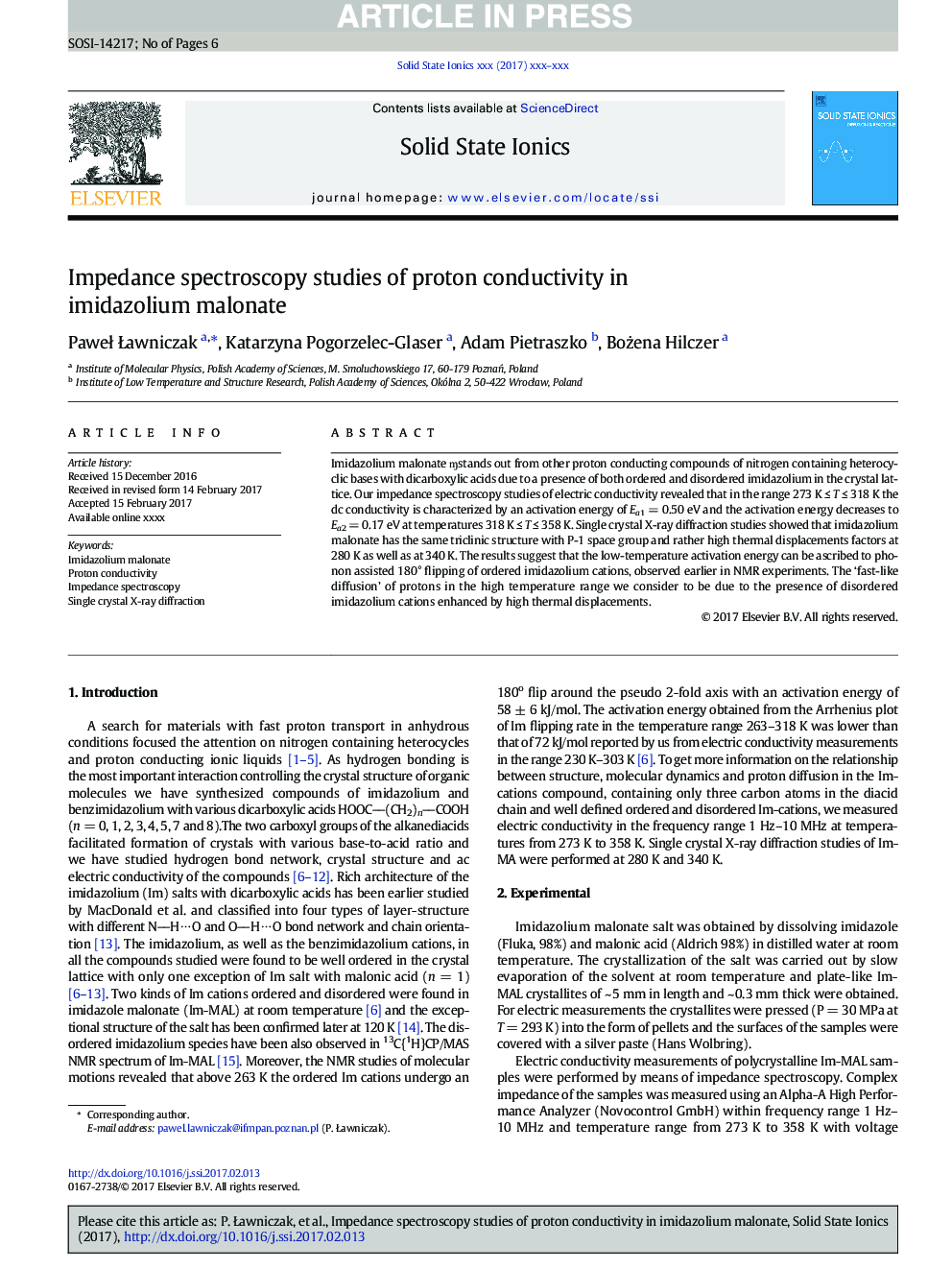 Impedance spectroscopy studies of proton conductivity in imidazolium malonate