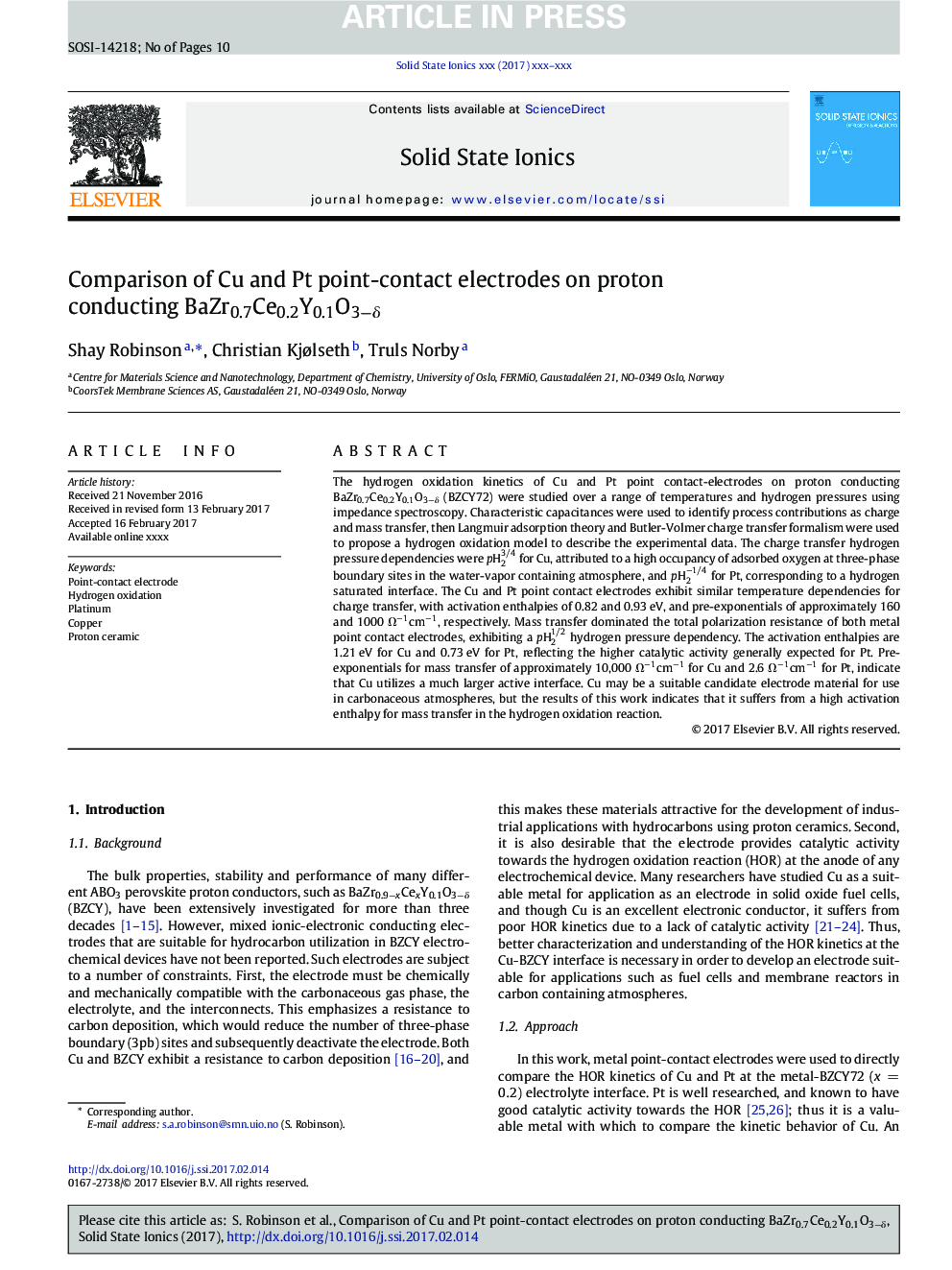 Comparison of Cu and Pt point-contact electrodes on proton conducting BaZr0.7Ce0.2Y0.1O3âÎ´