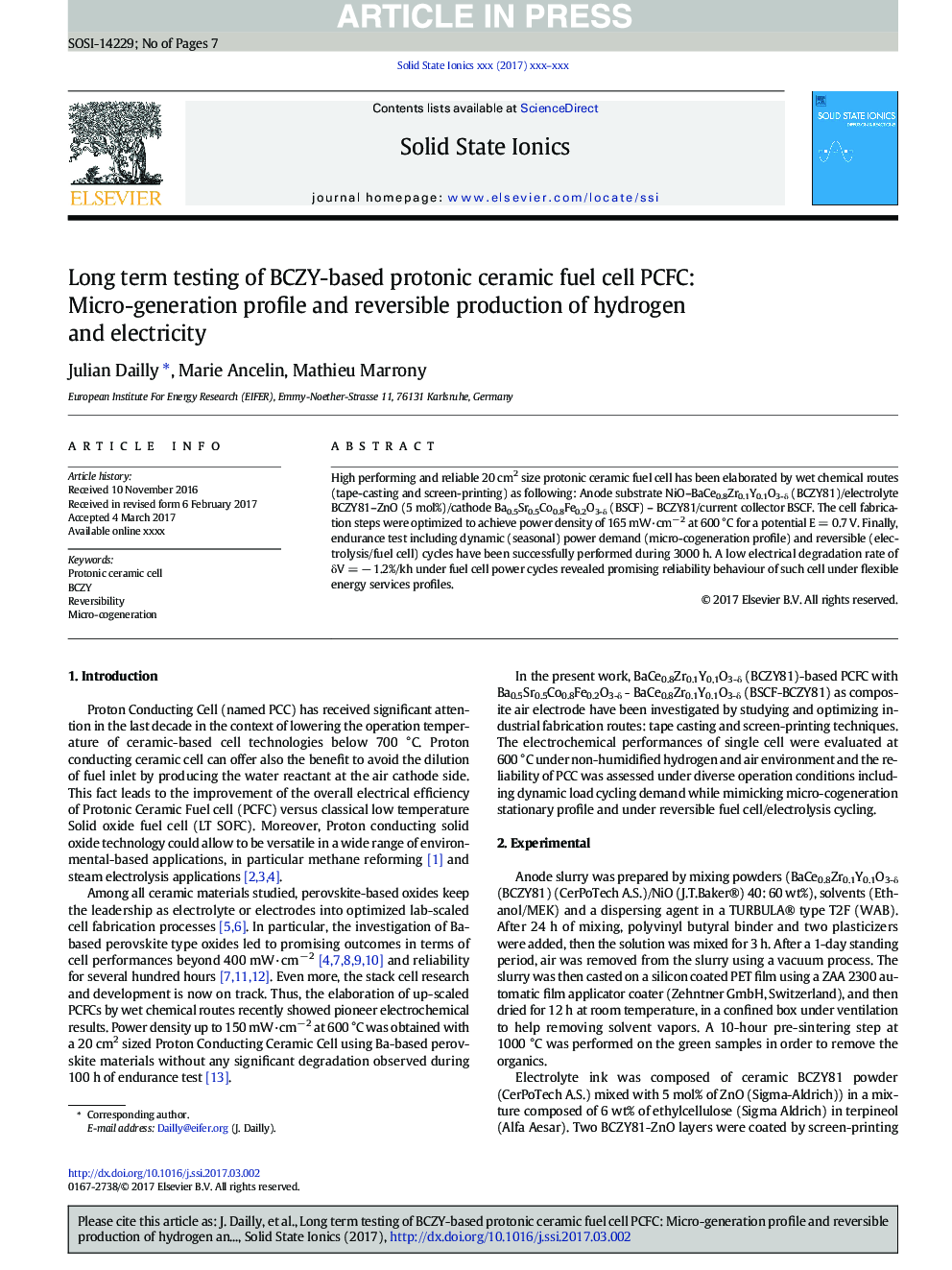 Long term testing of BCZY-based protonic ceramic fuel cell PCFC: Micro-generation profile and reversible production of hydrogen and electricity