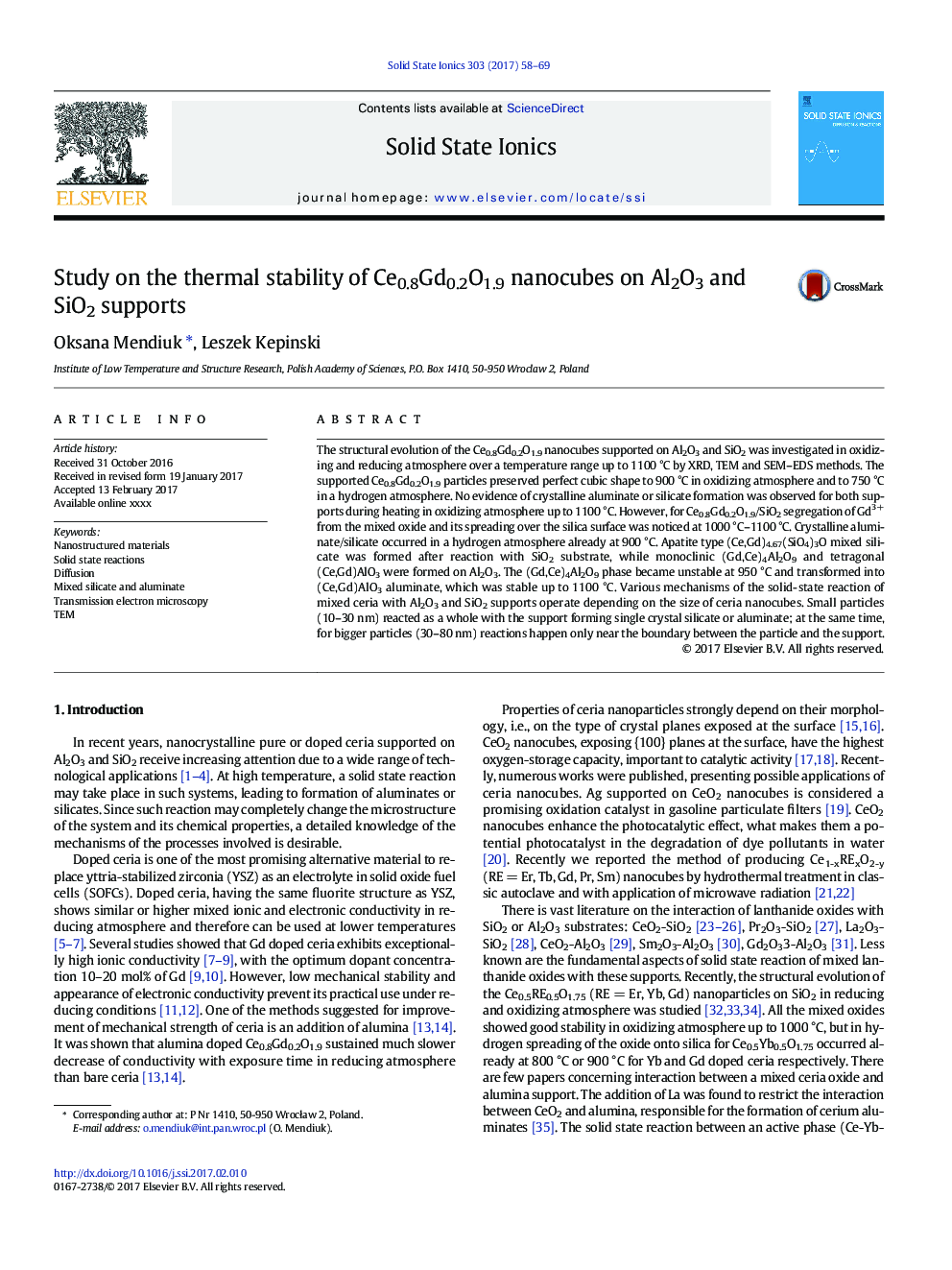 Study on the thermal stability of Ce0.8Gd0.2O1.9 nanocubes on Al2O3 and SiO2 supports