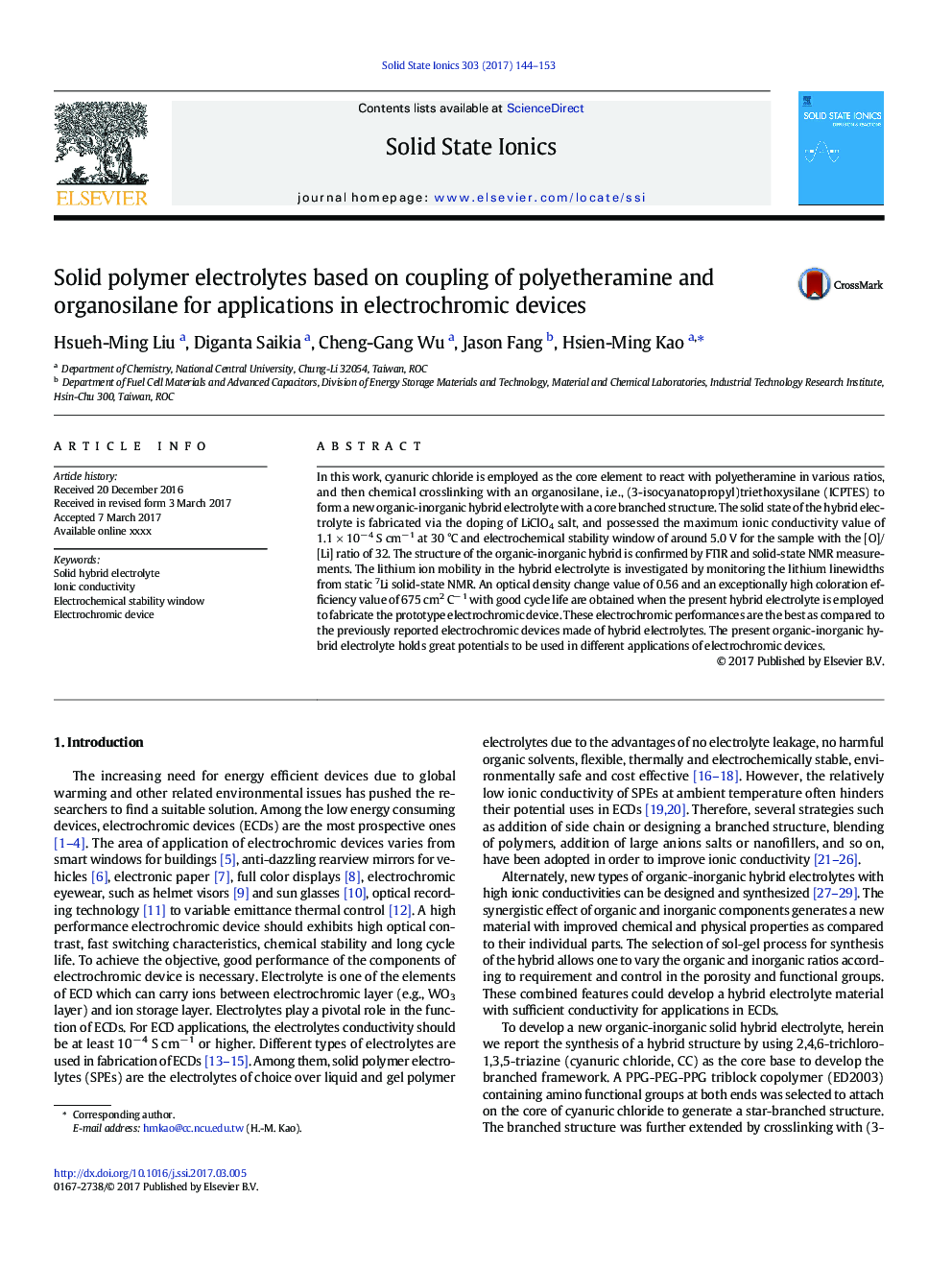 Solid polymer electrolytes based on coupling of polyetheramine and organosilane for applications in electrochromic devices