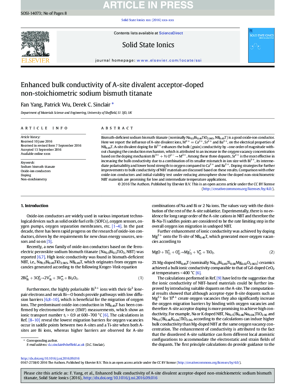 Enhanced bulk conductivity of A-site divalent acceptor-doped non-stoichiometric sodium bismuth titanate