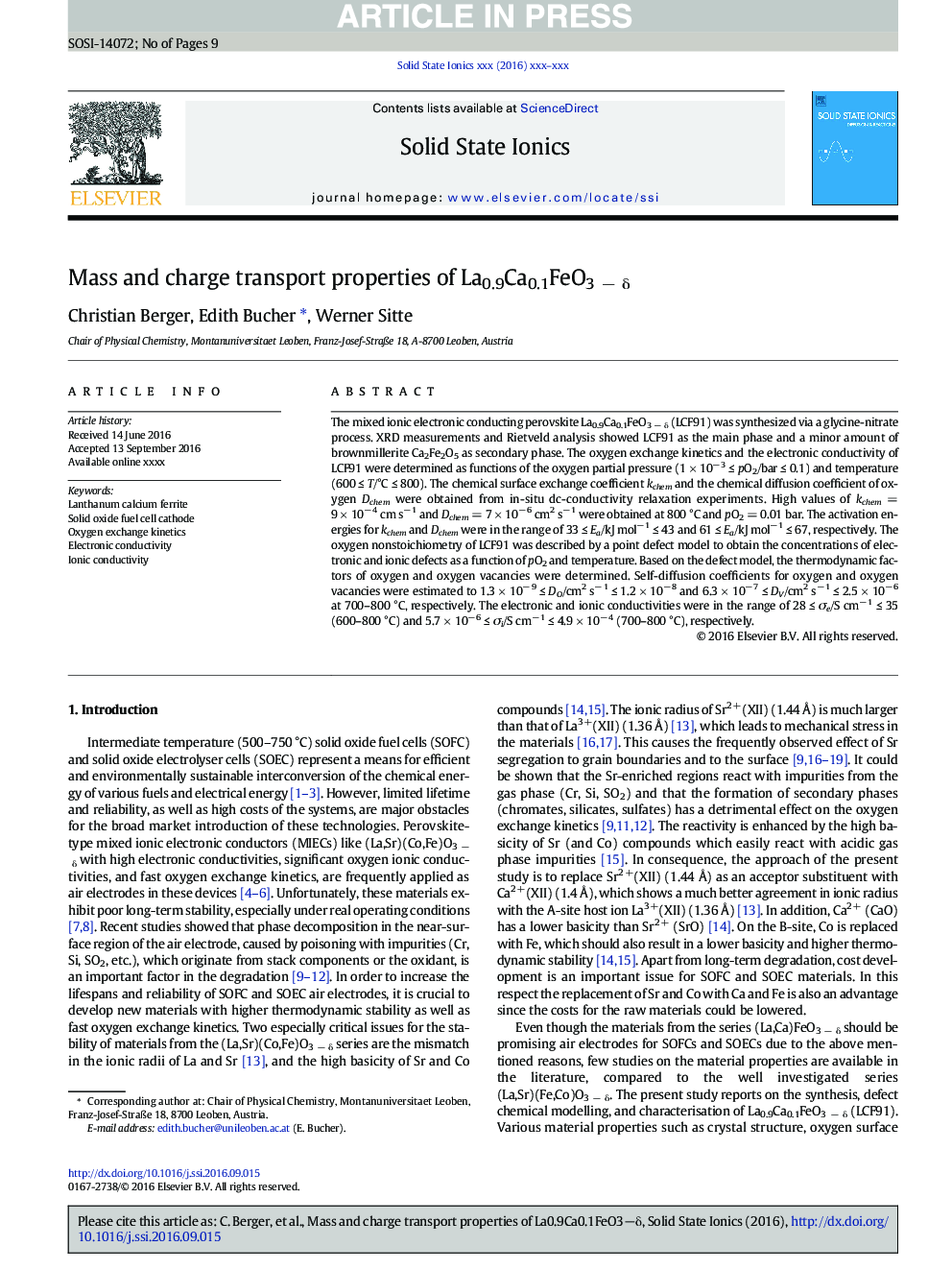 Mass and charge transport properties of La0.9Ca0.1FeO3Â âÂ Î´