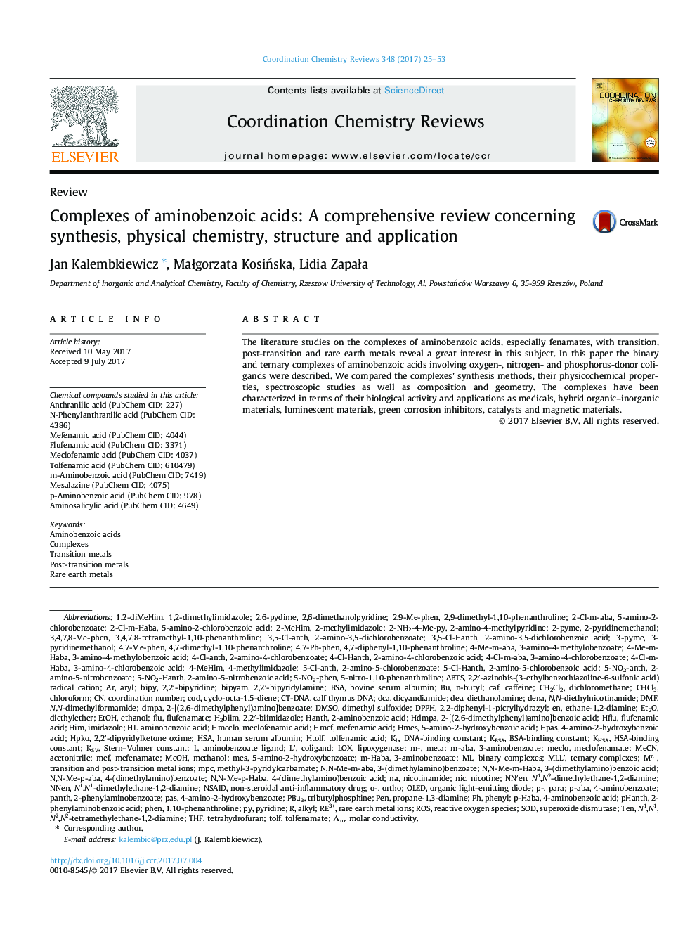 Complexes of aminobenzoic acids: A comprehensive review concerning synthesis, physical chemistry, structure and application