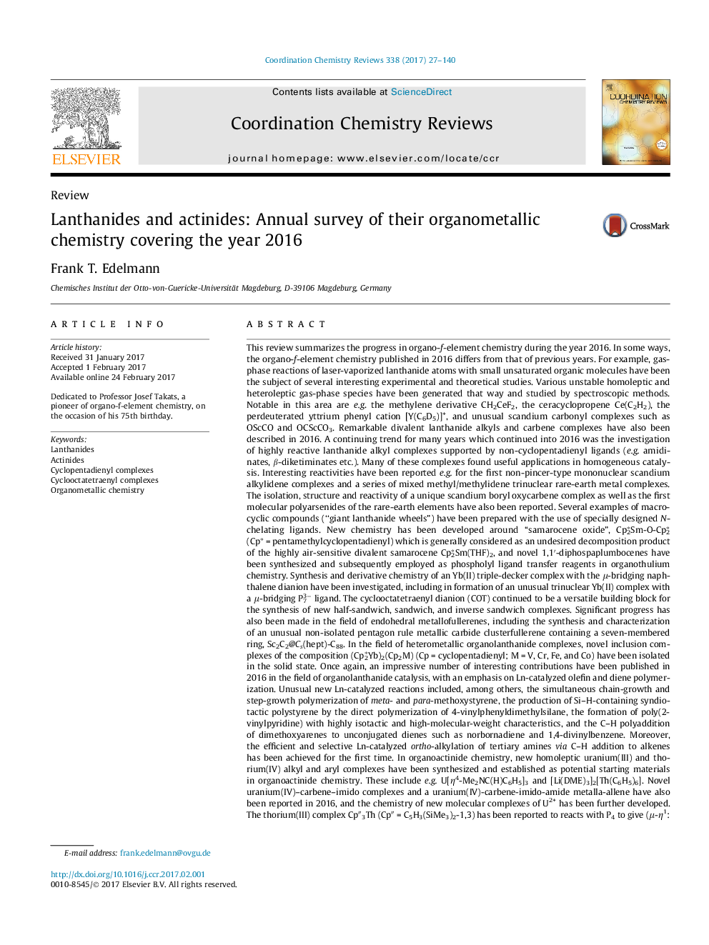 Lanthanides and actinides: Annual survey of their organometallic chemistry covering the year 2016