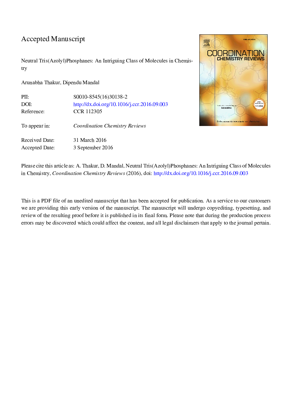 عکس صفحه اول مقاله: Neutral tris(azolyl)phosphanes: An intriguing class of molecules in chemistry Neutral tris(azolyl)phosphanes: An intriguing class of molecules in chemistry