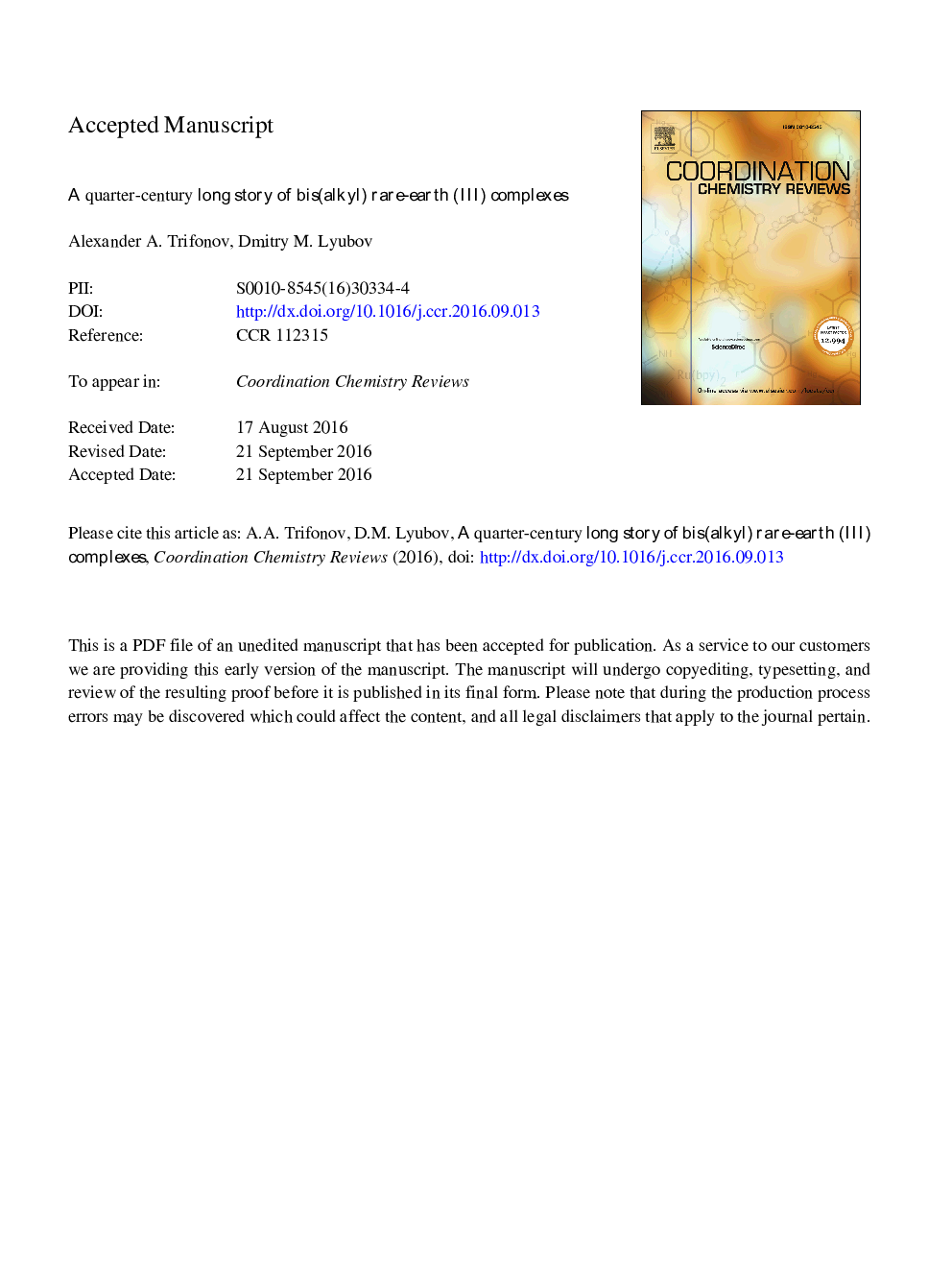 عکس صفحه اول مقاله: A quarter-century long story of bis(alkyl) rare-earth (III) complexes A quarter-century long story of bis(alkyl) rare-earth (III) complexes