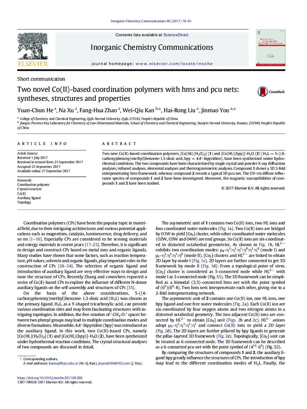 Two novel Co(II)-based coordination polymers with hms and pcu nets: syntheses, structures and properties